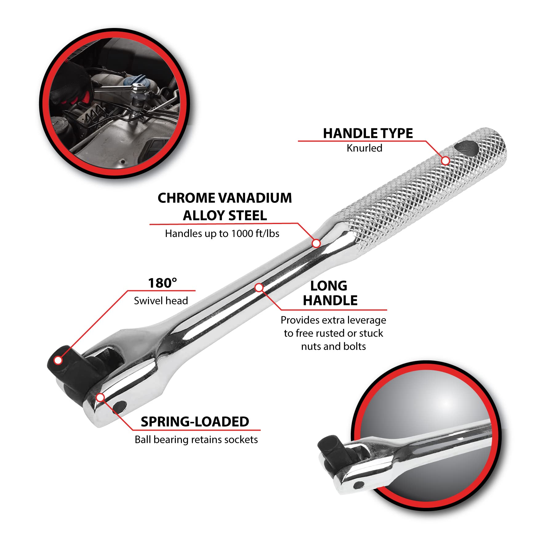 W36118 Performance Tool 1/4-in Drive Flex Handle Home Improvement Hand Tool, Silver, 6-Inches