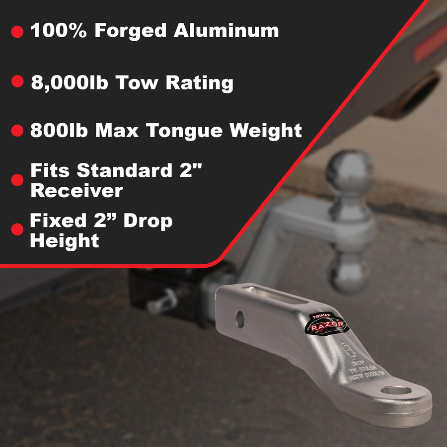 TRIMAX Razor TRZ2AL-FM 2" Fixed Mount Hitch – Truck SUV Trailer Boat Camper 100% Forged Aluminum, 2" Receiver, 8,000 lbs Towing Capacity, 800 lbs Tongue Weight, Lightweight Ball Mount Drop Hitch