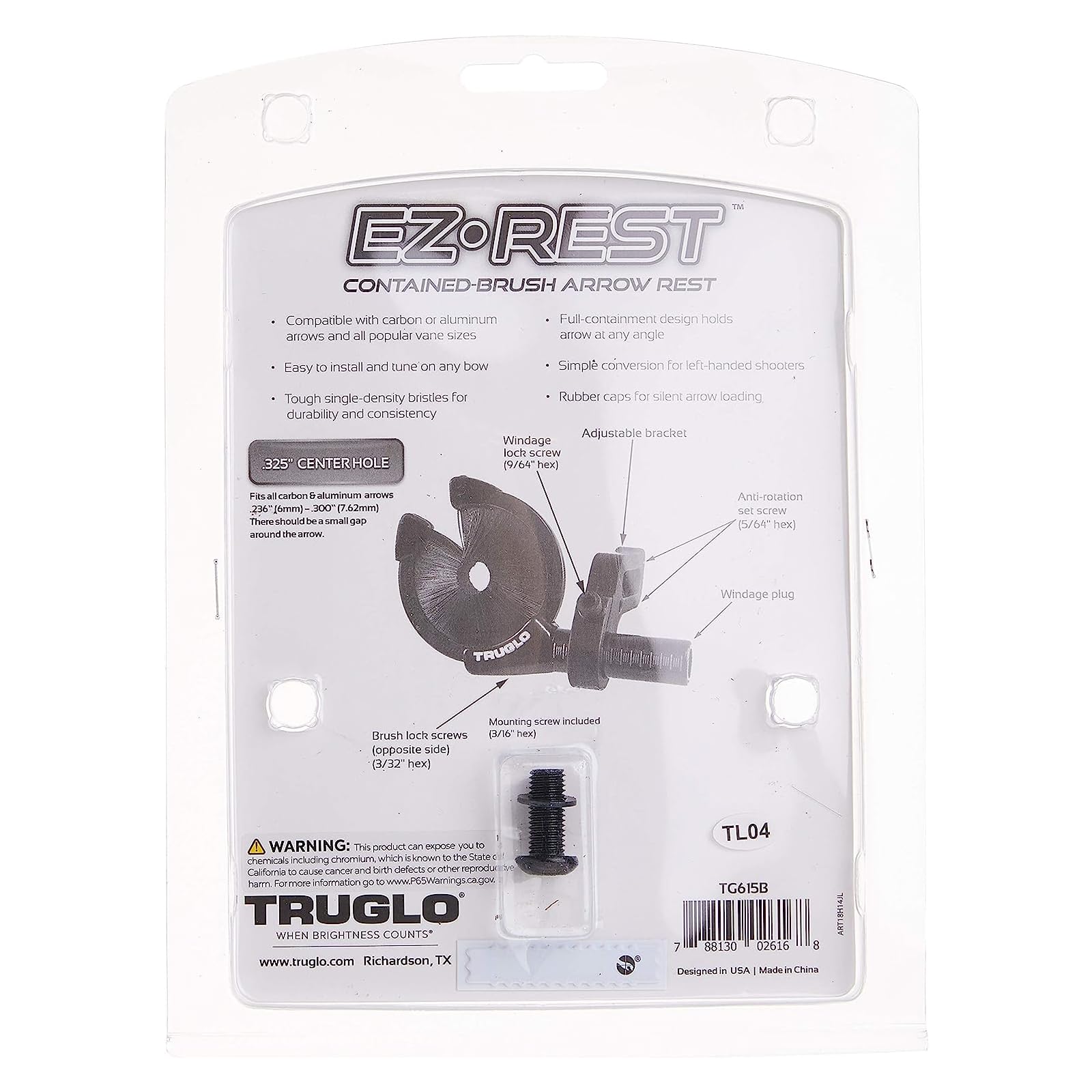 EZ-Rest TRUGLO Capture-Style Contained-Brush Left-Hand Convertible Ultra-Lightweight Quiet Tough All-Weather Black Archery Arrow Rest
