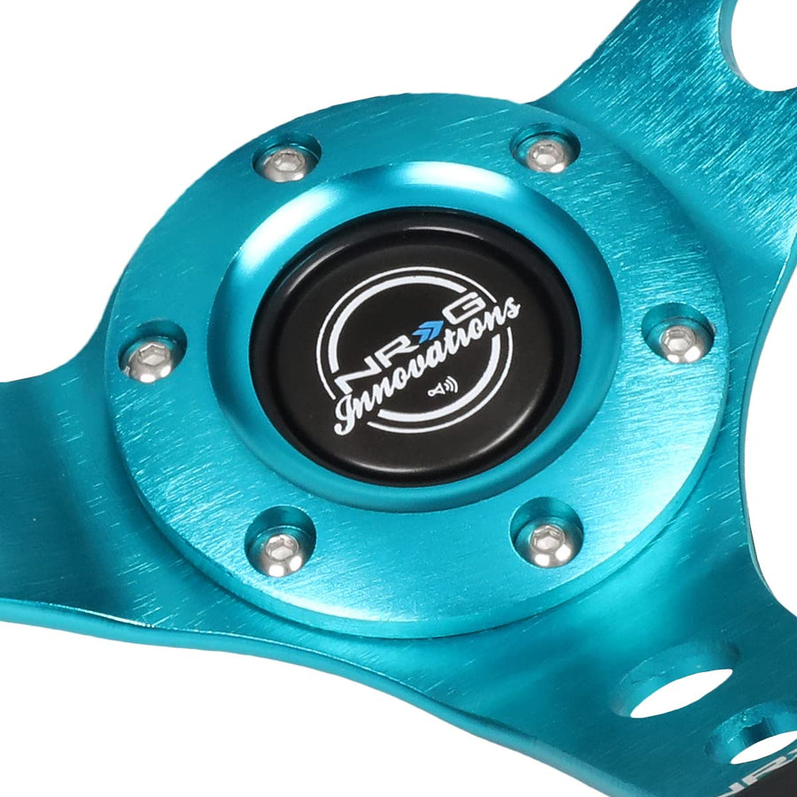 NRG Innovations Reinforced NRG-RST-006TL Steering Wheel 350mm Sport Steering Wheel (3" Deep), Black Leather Teal Center Mark with Teal Stitching and Teal Center Spoke