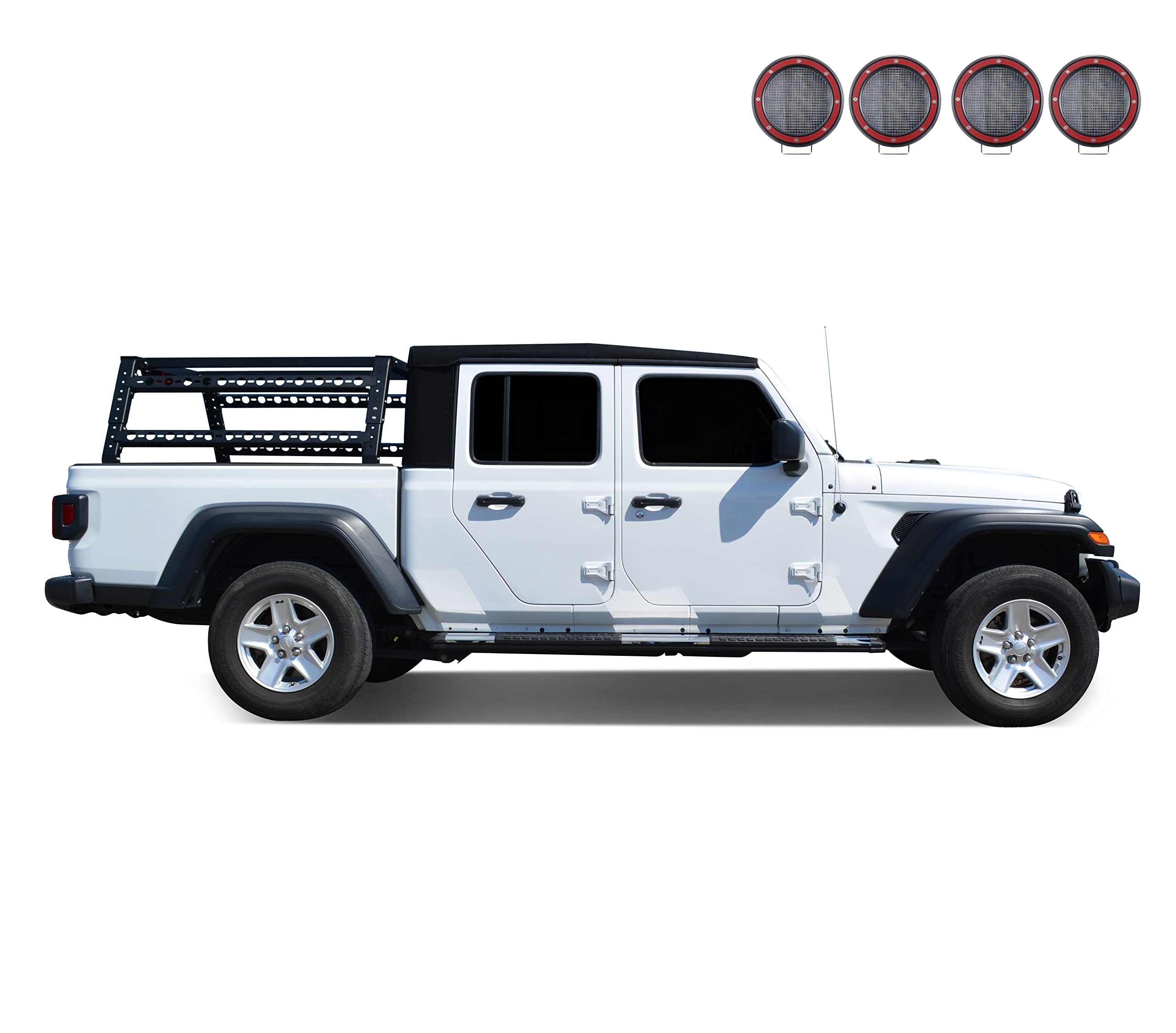 Overland Black Horse Bed Rack Incl. Set of 5.3" Dia.LED Lights w/Red Trim Rings Compatible with Full Size and Small Trucks, Dodge Ram, Gladiator, Titan, GMC, Chevrolet, Ford, Frontier-TR01B