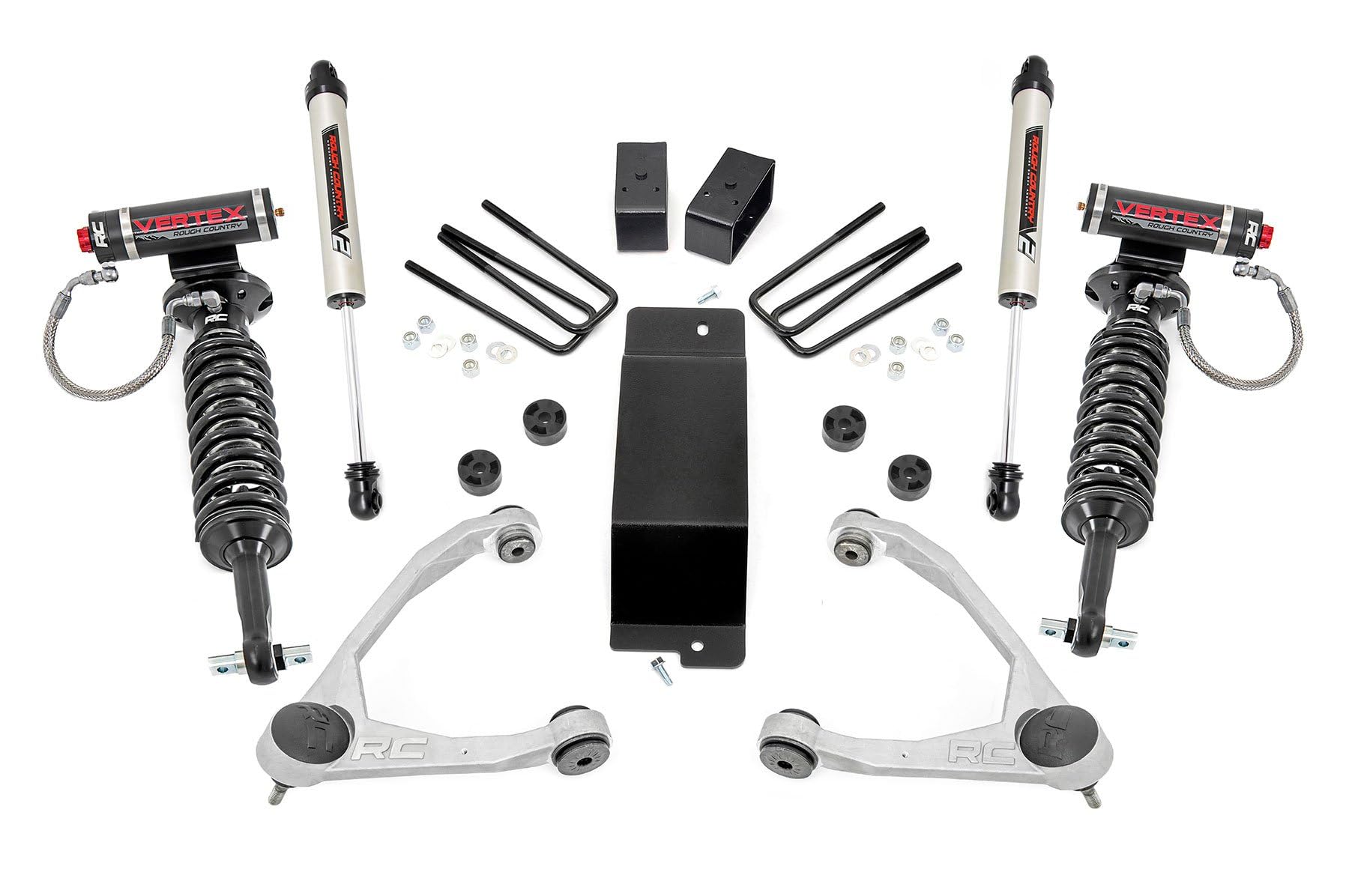 Rough Country 3.5" Lift Kit with Coilovers/V2 Vertex Rear Shocks for Chevy Silverado & GMC Sierra 1500 (2007-2016) - Silver Control Arms