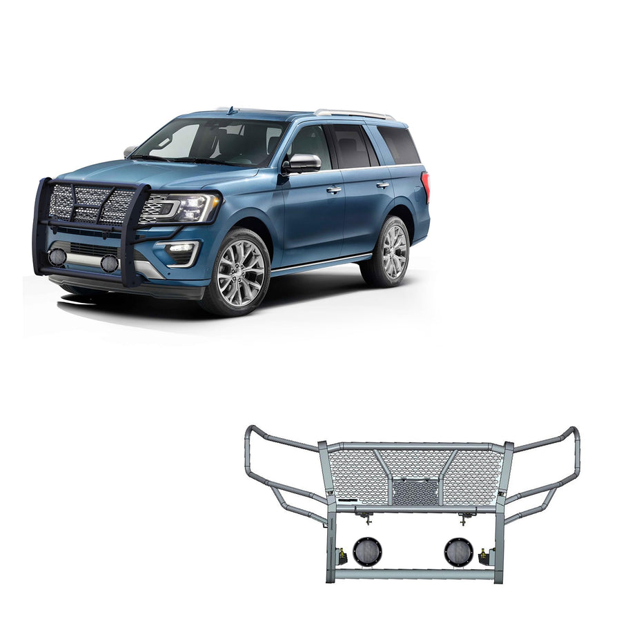 Heavy Duty Black Horse Rugged Grille Brush Bumper Guard Modular Black Come with Pair of 5.3" Dia.LED Lights with Black Trim Rings Compatible with 2018-2024 Ford Expedition-RU-FOEX18-B-PLFB