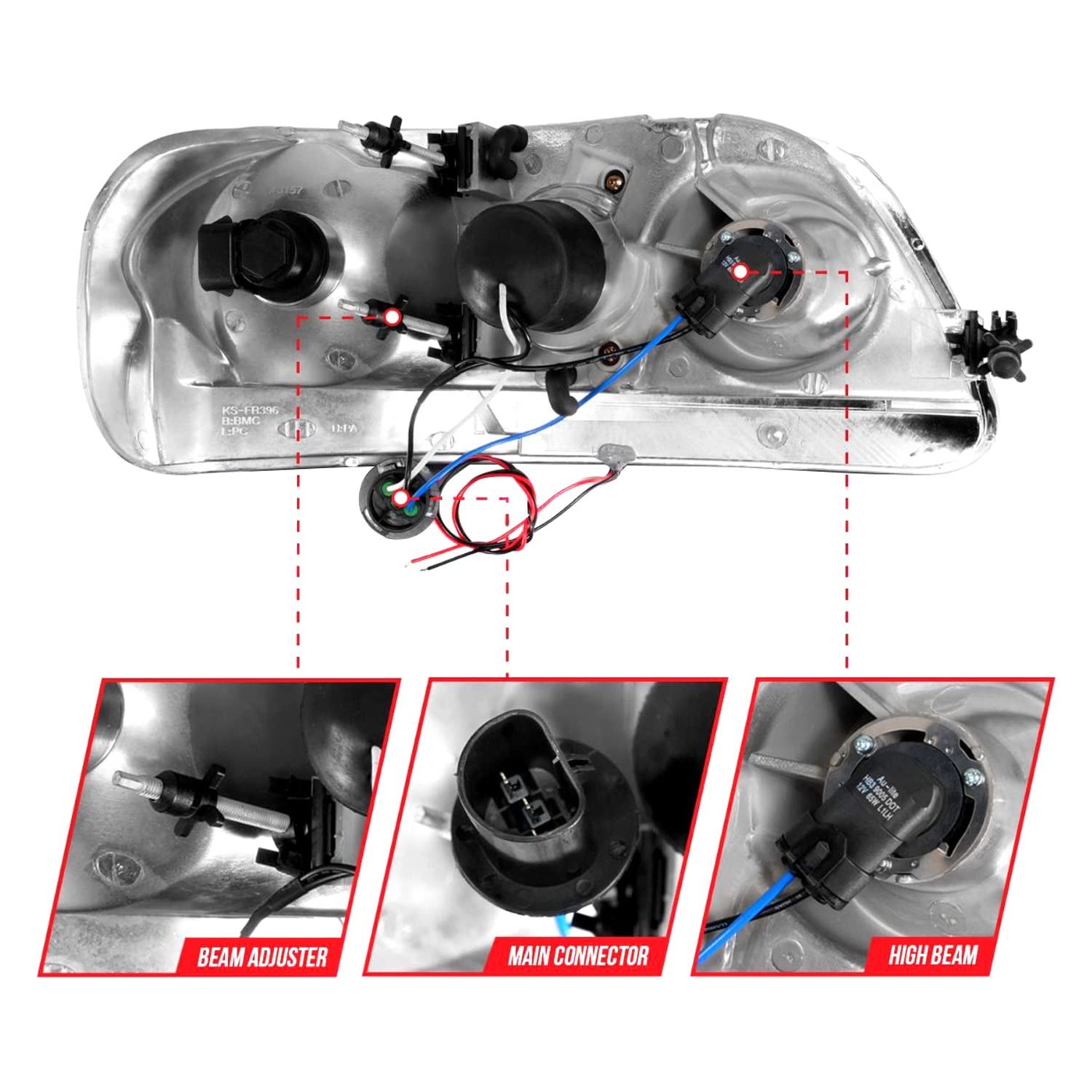 1997-2003 Ford F-150 ANZO (111503) Projector Headlights w/Light Bar Black Housing