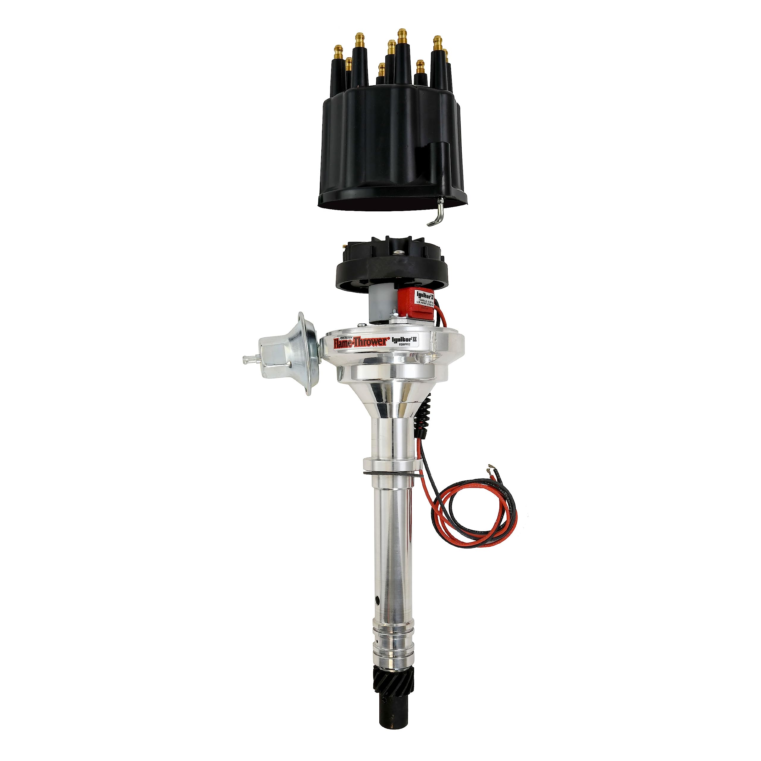 PerTronix D100710 Flame-Thrower Billet Distributor Electronic Ignition with Ignitor II Technology, Compatible with Chevrolet Small Block/Big Block, Plug and Play, Vacuum Advance, Black Male Cap