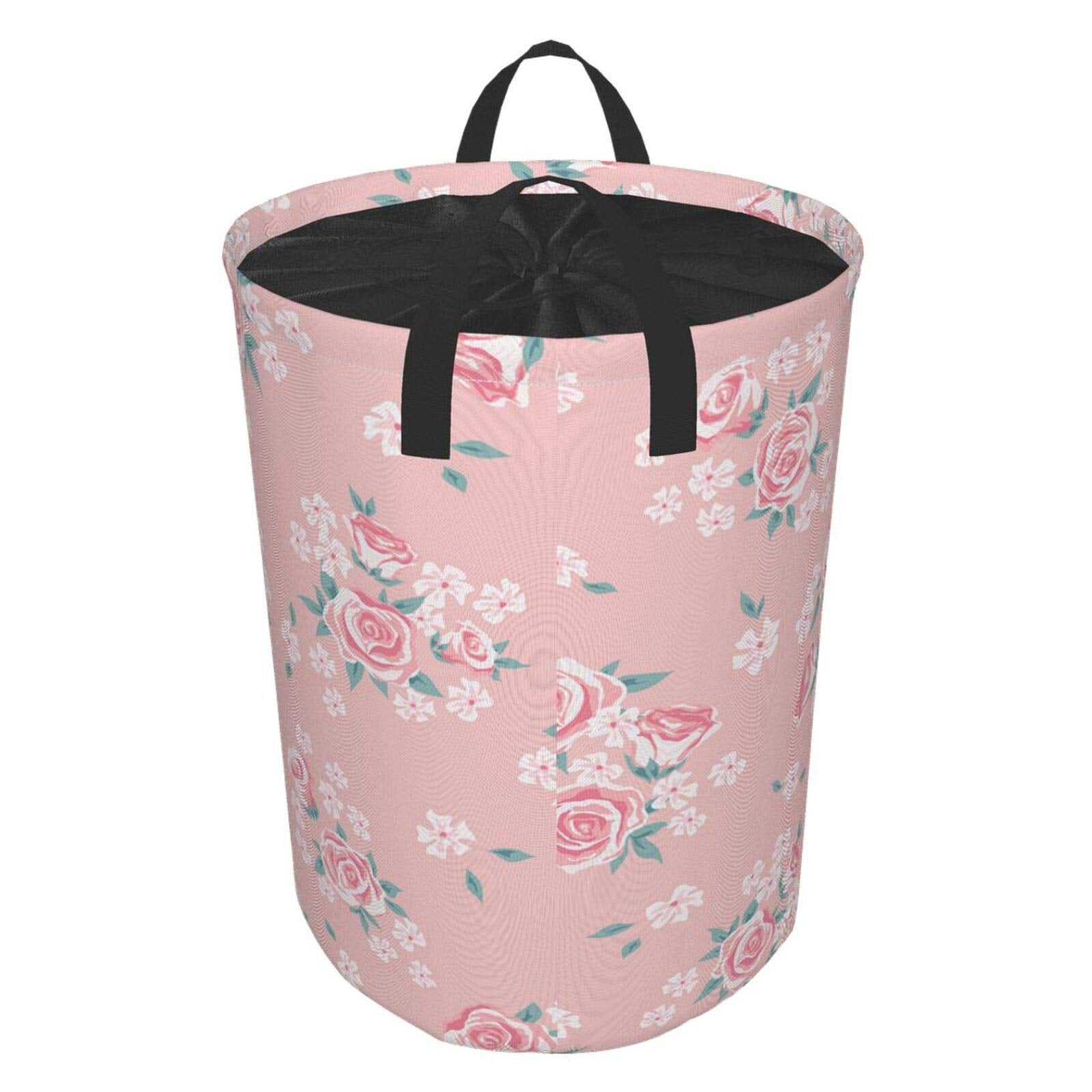 Romantic Shabby Chic Style Large Storage Baskets Inspired Flowers With Little Roses Lilacs Artwork1,Drawstring Waterproof Round Collapsible Laundry Hamper for Dirty Clothes Toy Home Office 19"X14"