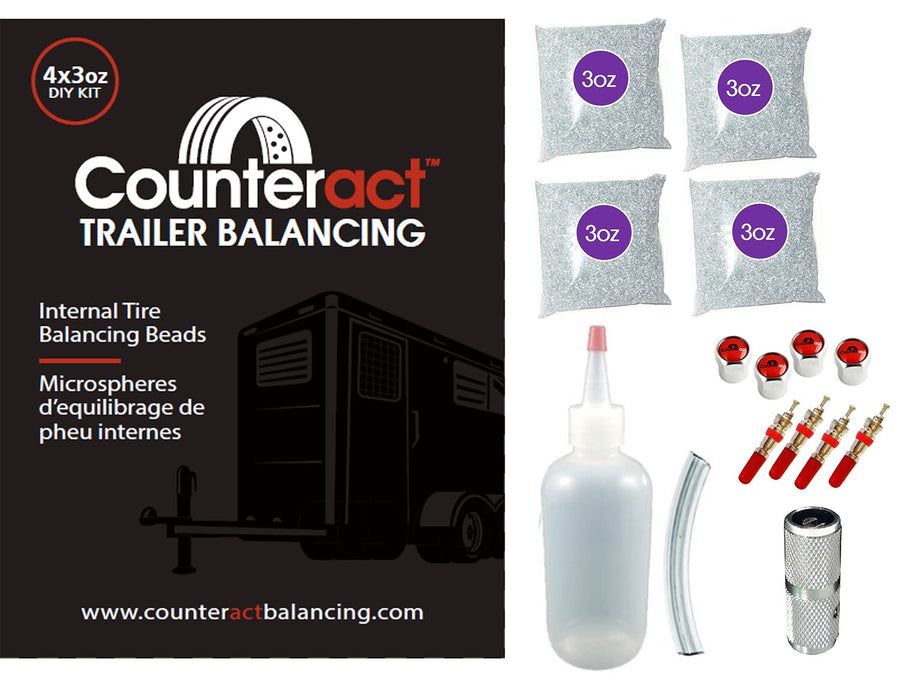 DIYTK3-4 Counteract Tire/Wheel Balancing Beads Kit – for All Trailers, Includes (4) 3oz Bead Bags, (4) Valve Caps & Cores, (1) Core Remover, & Injector Bottle