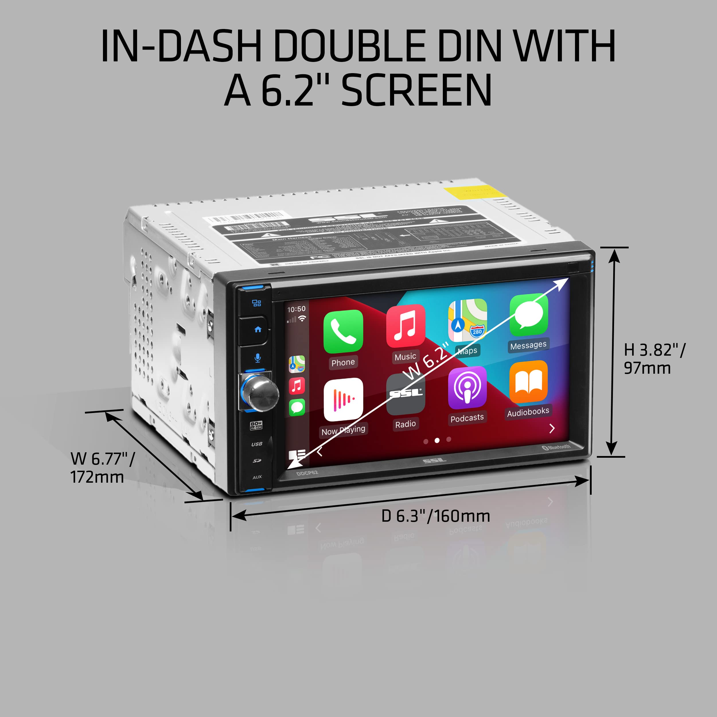 Sound Storm Laboratories DDCP62 Car Stereo - Double Din, Apple CarPlay, 6.2 Inch Capacitive Touchscreen, Bluetooth, No DVD CD Player, AM/FM Radio Receiver, Wireless Remote Control