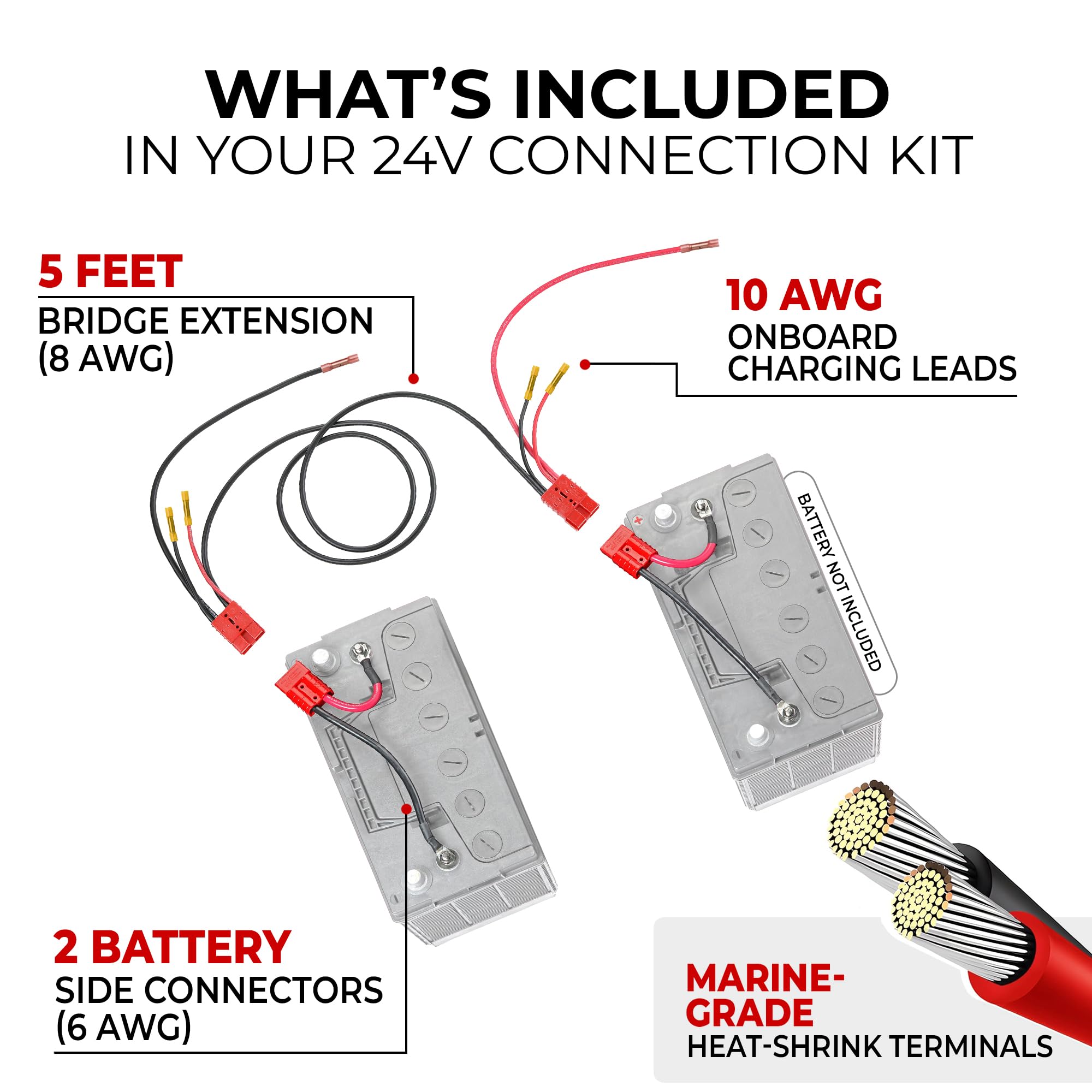 24V Connect-Ease Trolling Motor Connection Kit RCE24VB5CHK | 5-Foot Series Connector for Two 12V Separated Batteries with Onboard Charging Charger Leads | Marine Grade Wires | Batteries NOT Included