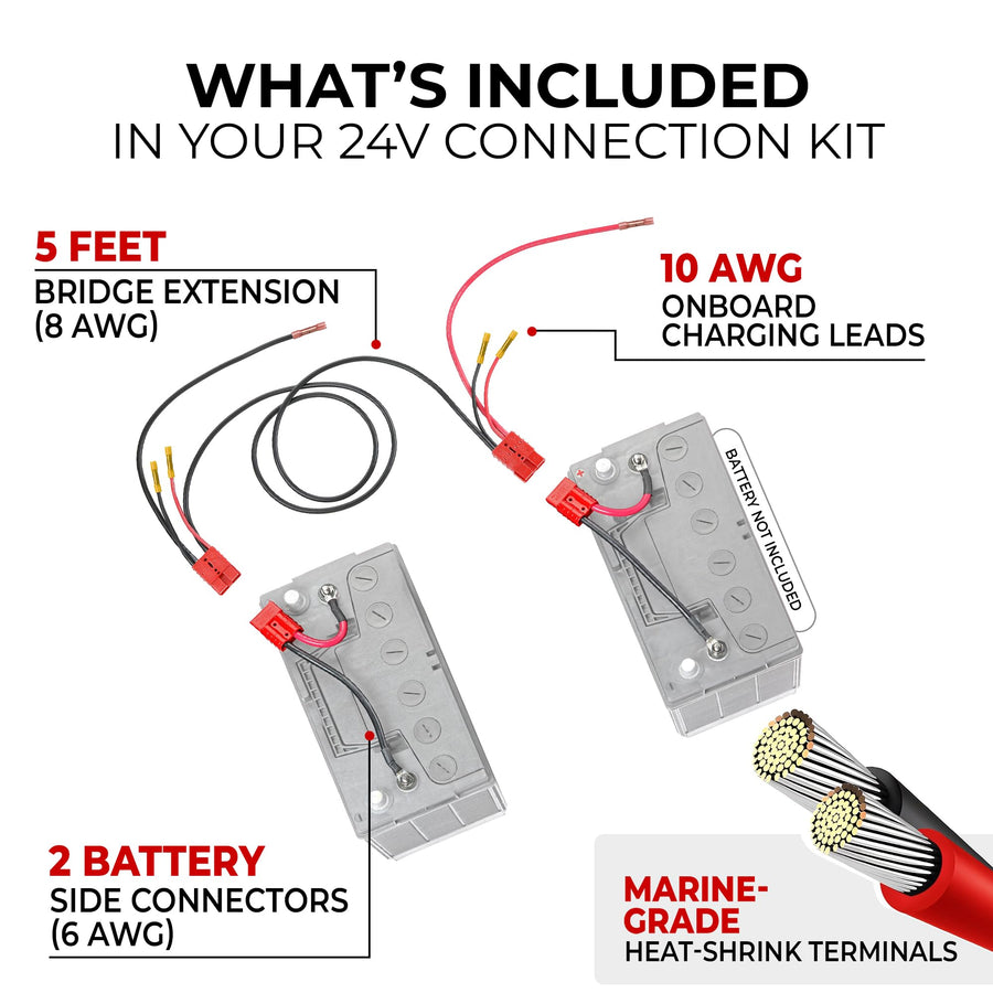 24V Connect-Ease Trolling Motor Connection Kit RCE24VB5CHK | 5-Foot Series Connector for Two 12V Separated Batteries with Onboard Charging Charger Leads | Marine Grade Wires | Batteries NOT Included