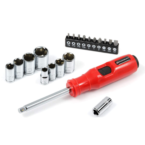 Powerbuilt 20 Pc. 1/4" Dr. Impact Bit Screwdriver and Nut Driver Set, Includes SAE, Metric Sockets, Phillips, Slotted, Star Bits, Adapter- 647768
