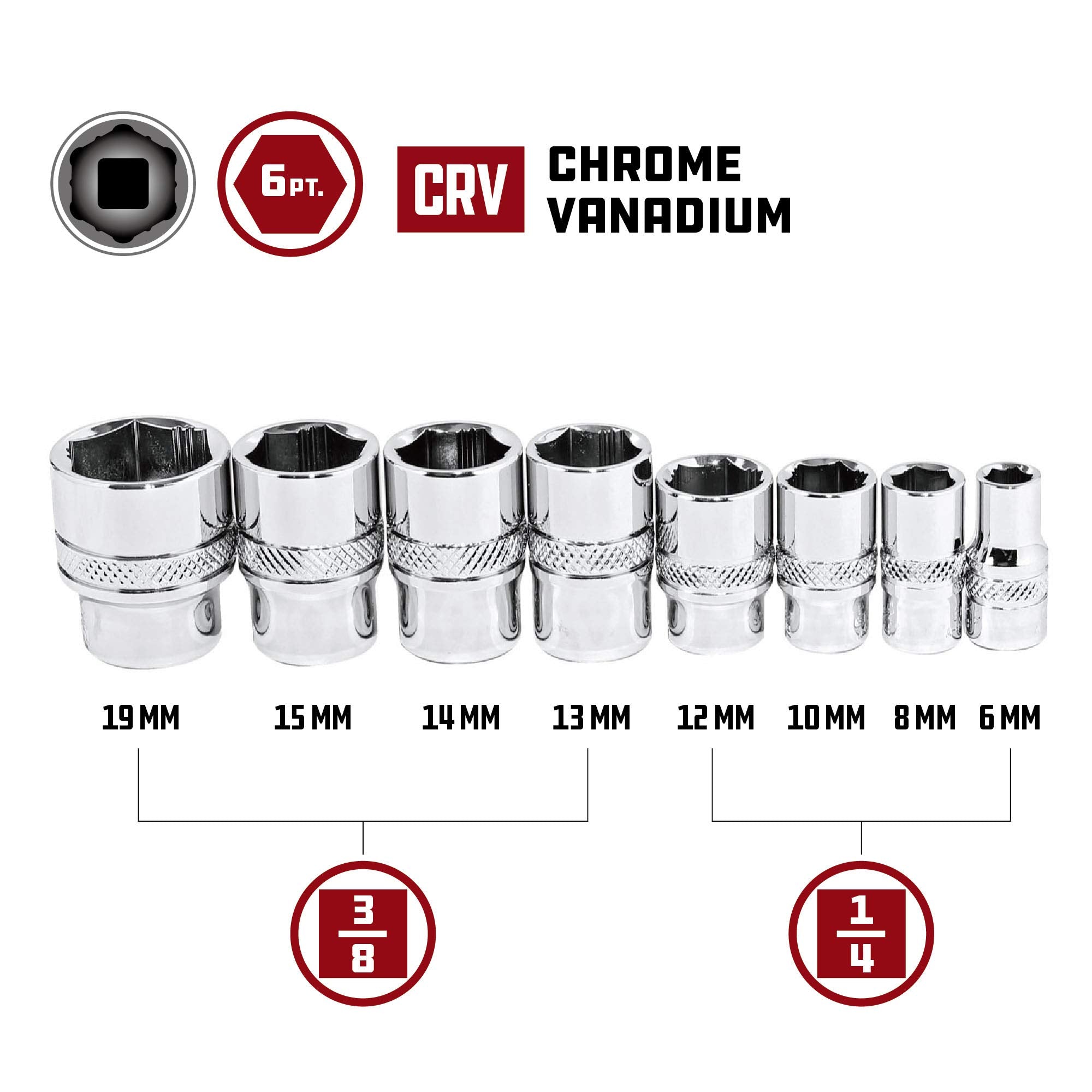 8 Piece Powerbuilt Metric Zeon Socket Set - with use for Standard, Rusted, Rounded Bolts and Nuts, Size from 6mm to 19mm , Silver