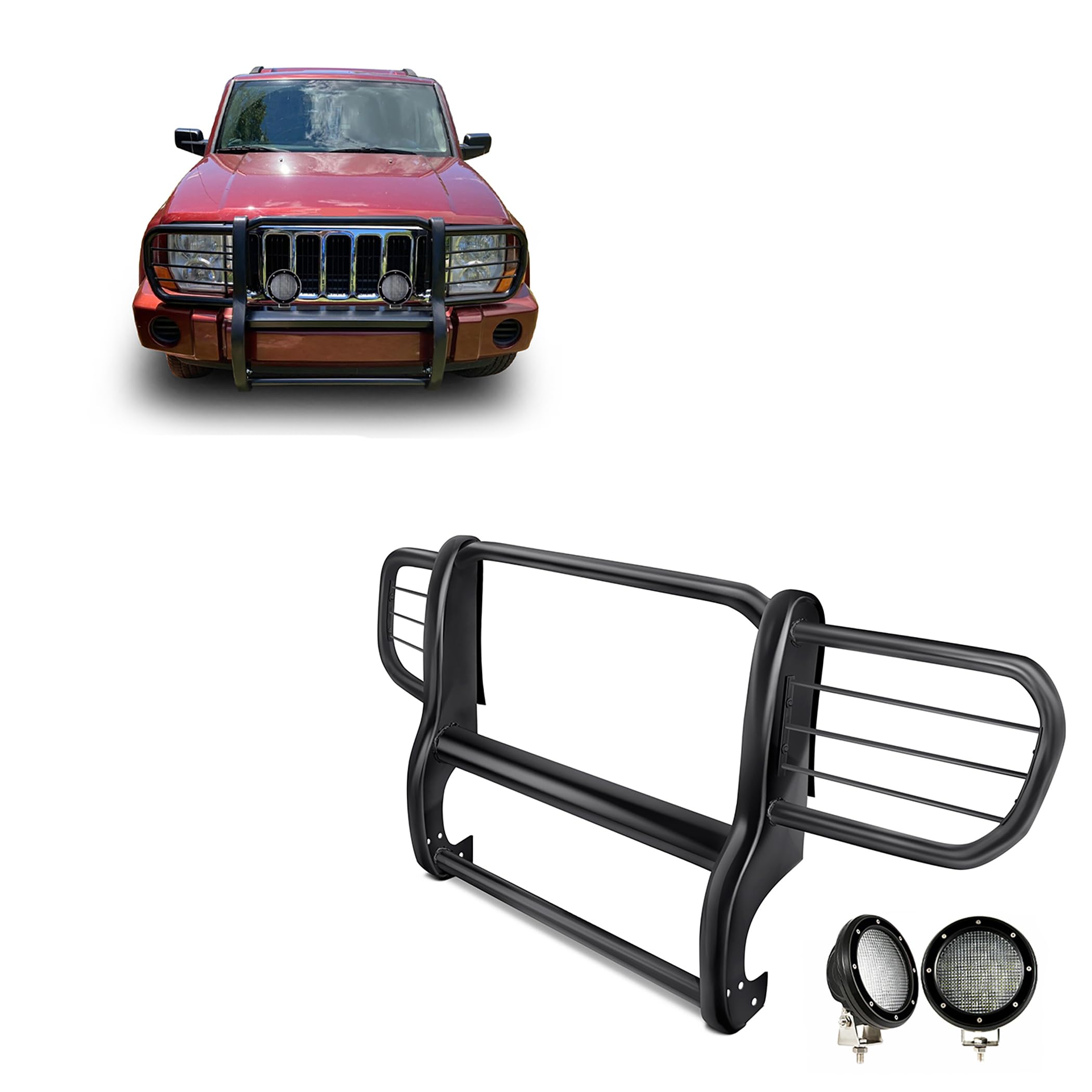 Bumper Guard Black Horse Grille Brush Modular Black Come with Pair of 5.3" Dia.LED Lights with Black Trim Rings Compatible with 2006-2010 Jeep Commander-17A081000MA-PLFB