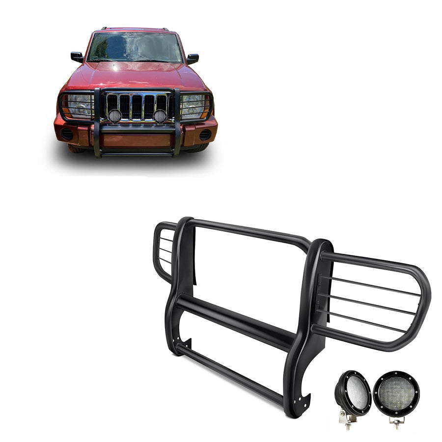 Bumper Guard Black Horse Grille Brush Modular Black Come with Pair of 5.3" Dia.LED Lights with Black Trim Rings Compatible with 2006-2010 Jeep Commander-17A081000MA-PLFB