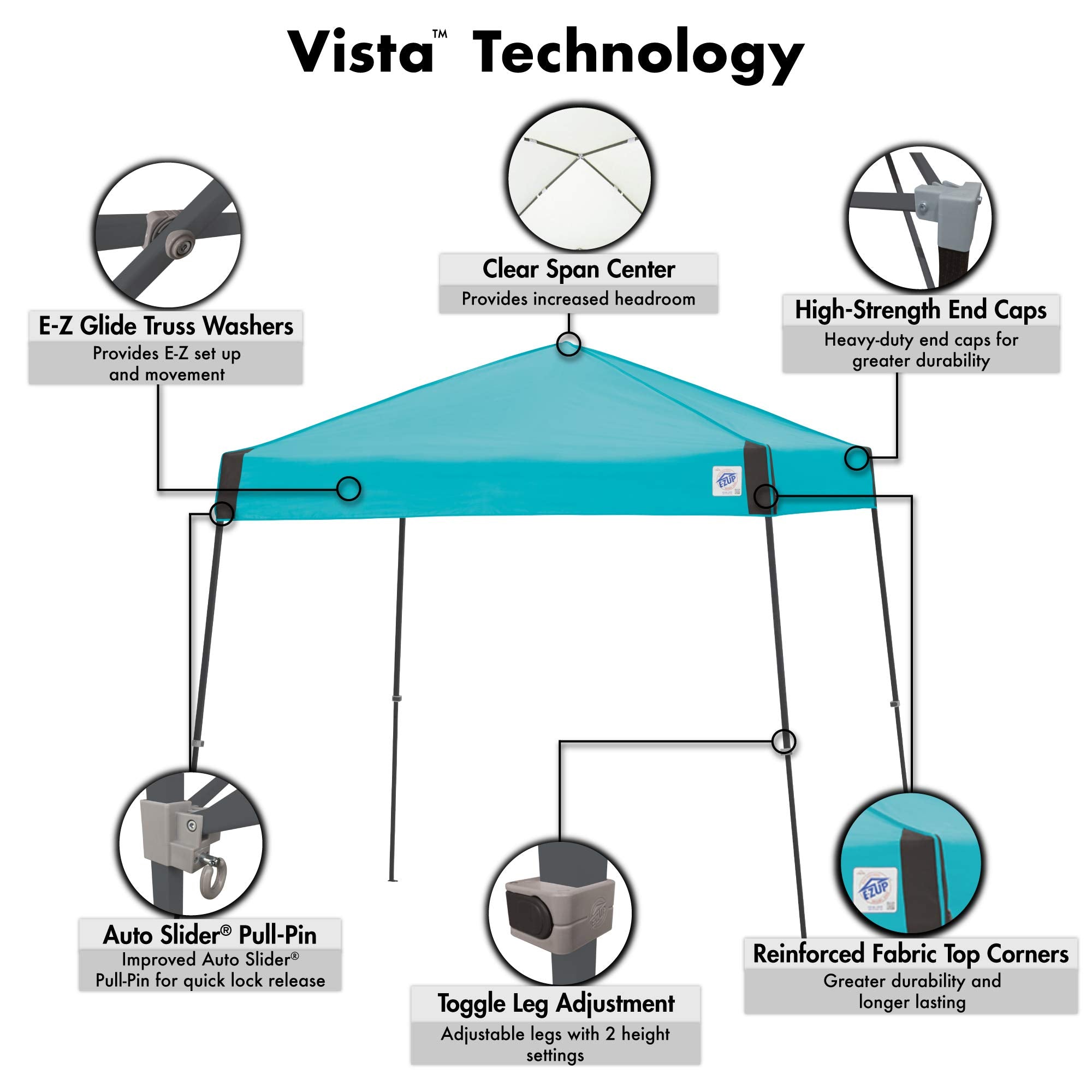 E-Z UP Instant Shelter Vista Canopy, 10' x 10', White Powder-Coated Steel Frame with Wide-Trax Roller Bag & 4 Piece Spike Set, Punch