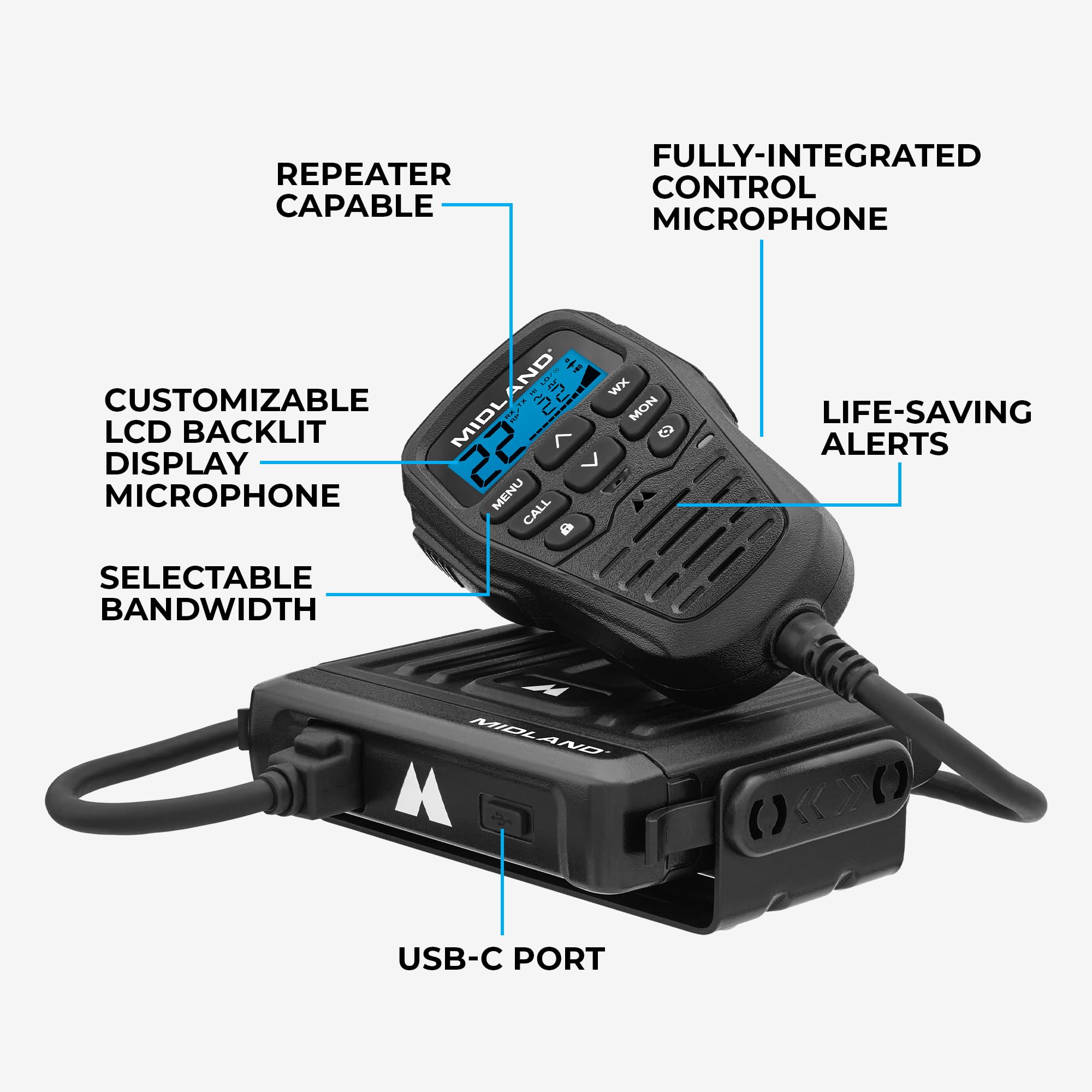 MXT275VP4 Midland® - 15 Watt GMRS MicroMobile Two-Way Radio - ATVs UTVs and Other Off-Road Vehicles - Overlanding Gear - Extended 3dB gain Roll Bar Mount Antenna Microphone Extension Cable