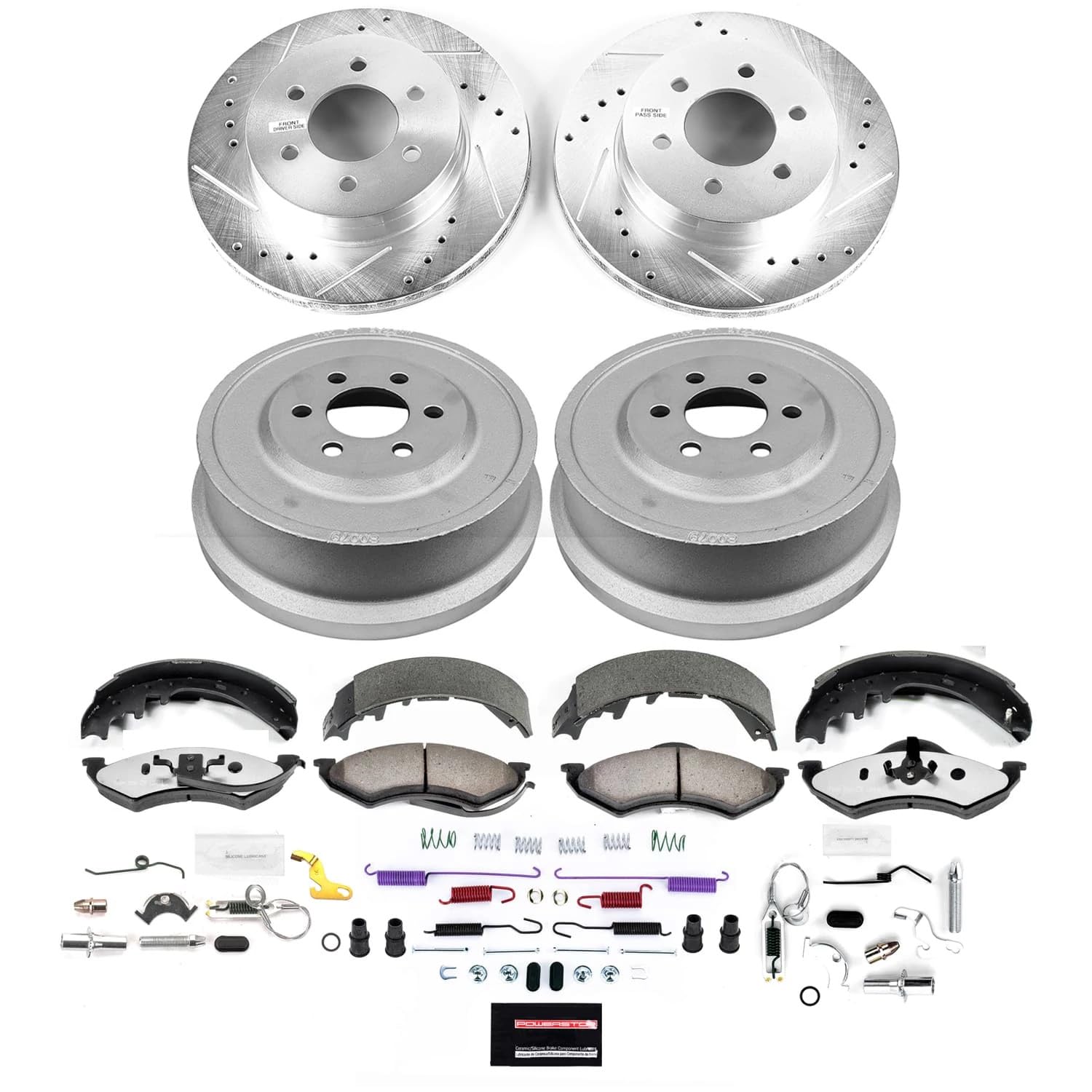 Power Stop Brake Kit Front and Rear For 1998 1999 Dodge Durango - Truck & Tow Carbon Fiber Ceramic Pads, Drums, & Drilled and Slotted Rotors Replacement, K15540DK-36