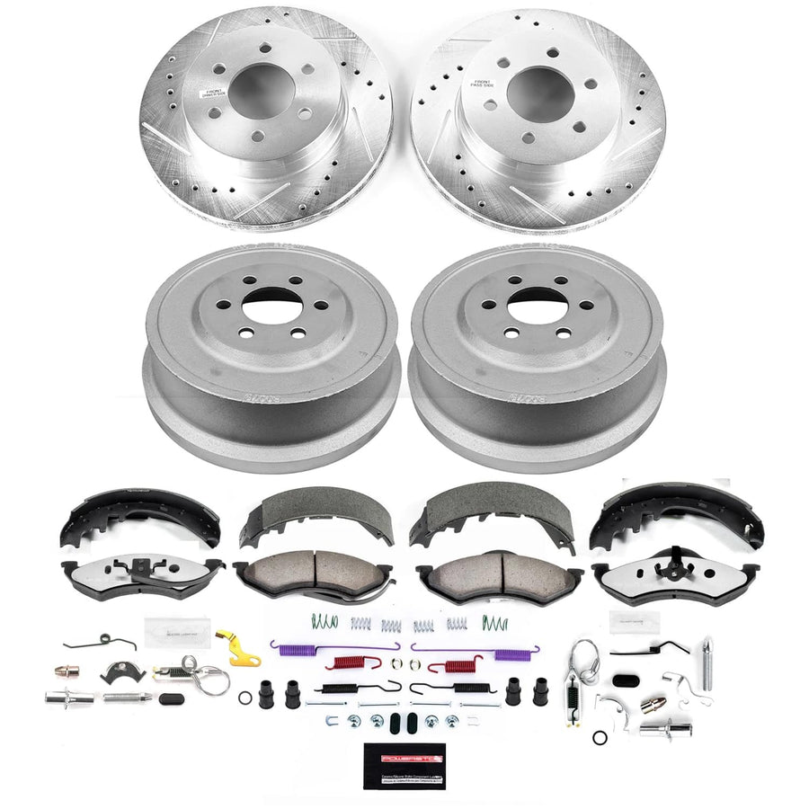 Power Stop Brake Kit Front and Rear For 1998 1999 Dodge Durango - Truck & Tow Carbon Fiber Ceramic Pads, Drums, & Drilled and Slotted Rotors Replacement, K15540DK-36