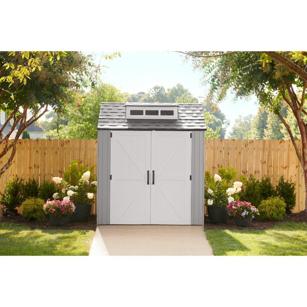 Rubbermaid Outdoor Resin Storage Shed With Floor (7 x 7 Ft) Weather Resistant Gray Organization for Home/Backyard/Garden Tools/Lawn Mower/Bike Storage/Pool Supplies