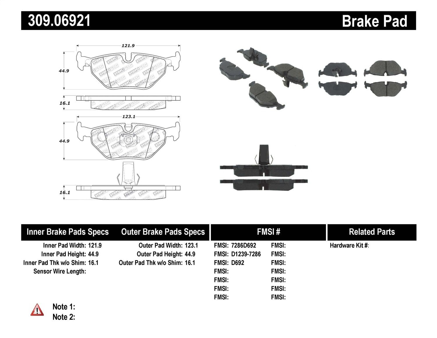 Sport Brake Pads StopTech 309.06921 with Shims and Hardware