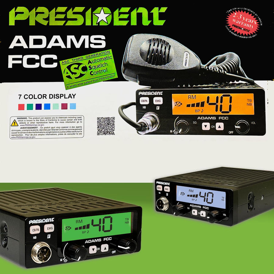 Adams President FCC CB Radio. Large LCD with 7 Colors, Programmable EMG Channel Shortcuts, Roger Beep and Key Beep, Electret or Dynamic Mic, ASC and Manual Squelch, Talkback