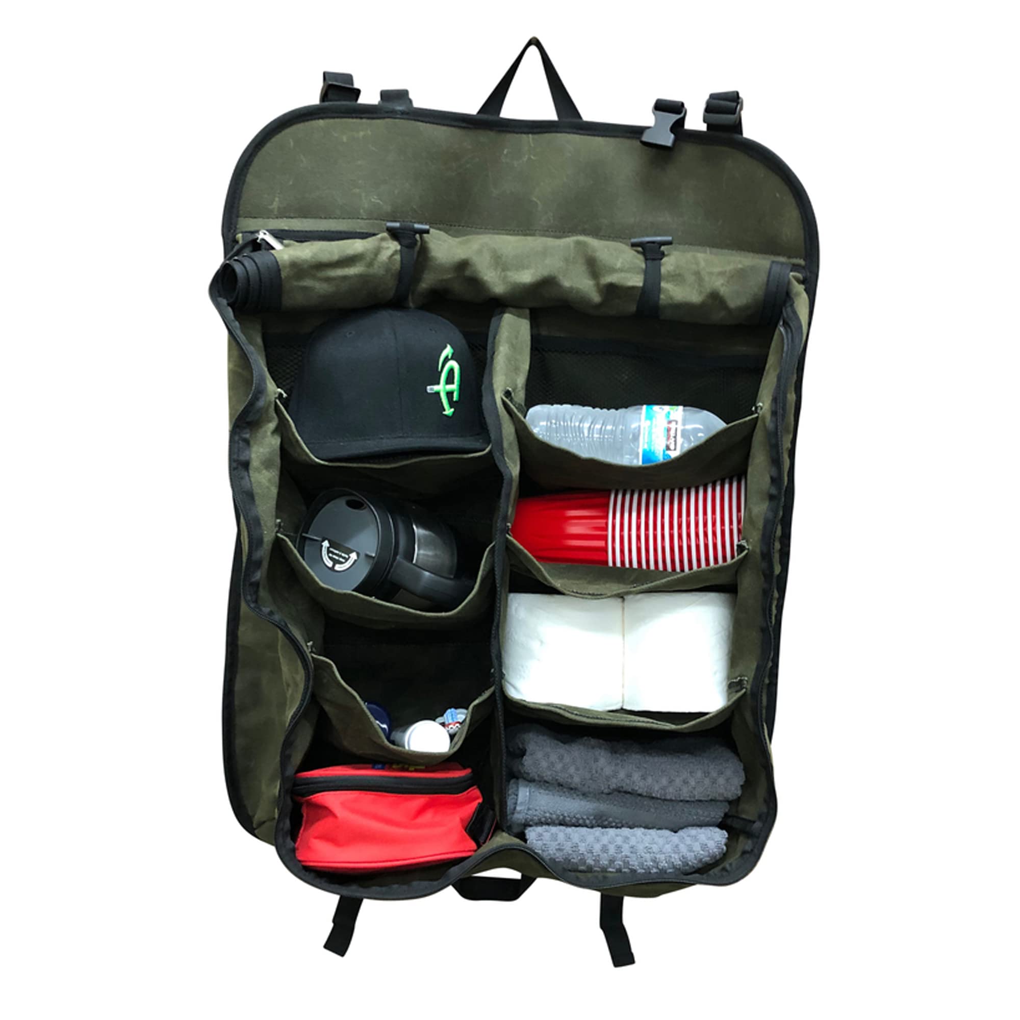 Camping Gear Storage Bag - Overland Vehicle Systems #16 Waxed Canvas - Infused with Paraffin Wax Waterproofing - 8 Storage Pockets for all your toiletries, clothes, shoes and camping gear.