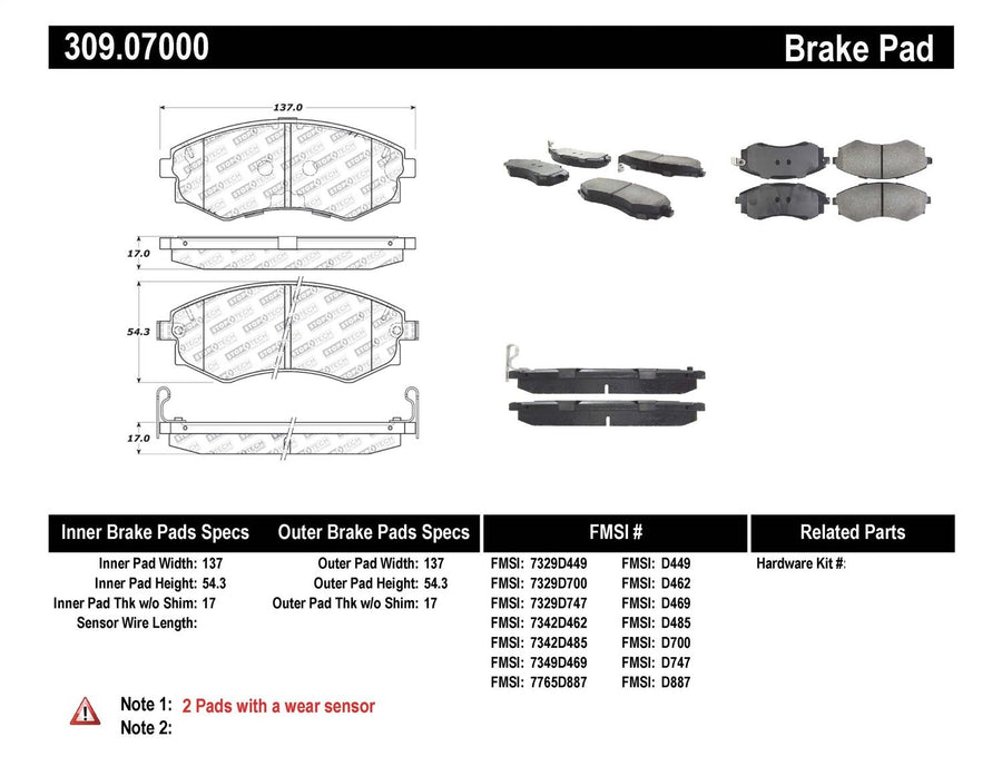 Sport Brake Pads StopTech 309.07000 with Shims and Hardware