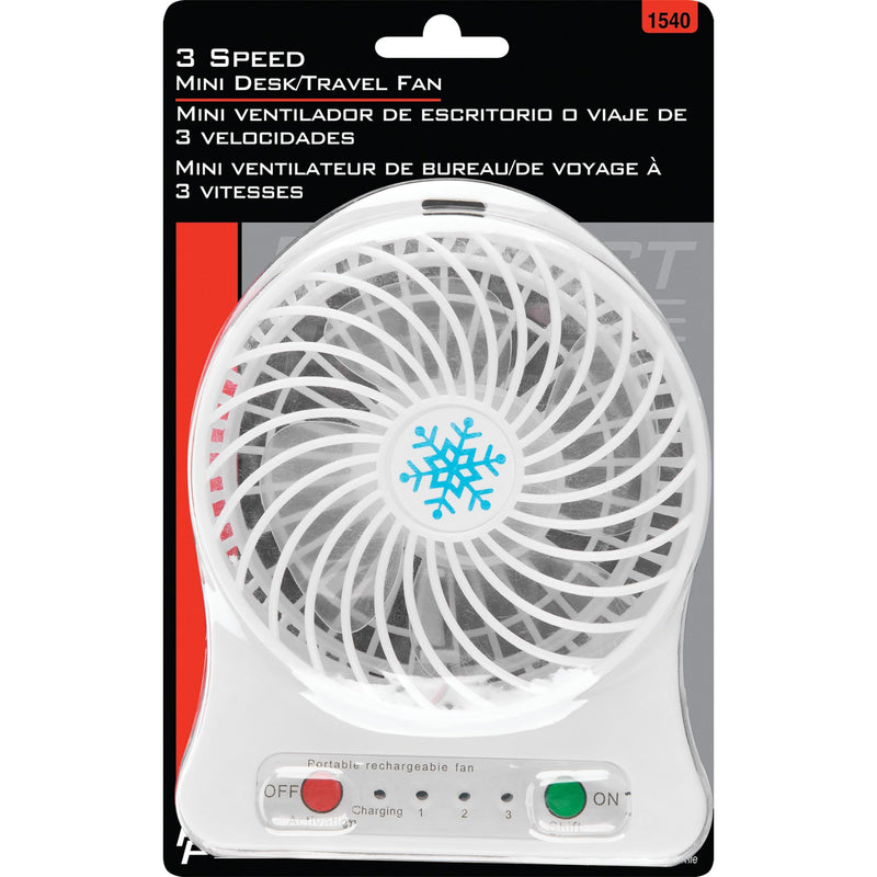 3-Speed Performance Tool 1540 Li-Ion Mini Desk/Travel Fan, Rechargeable, Side Flashlight, White