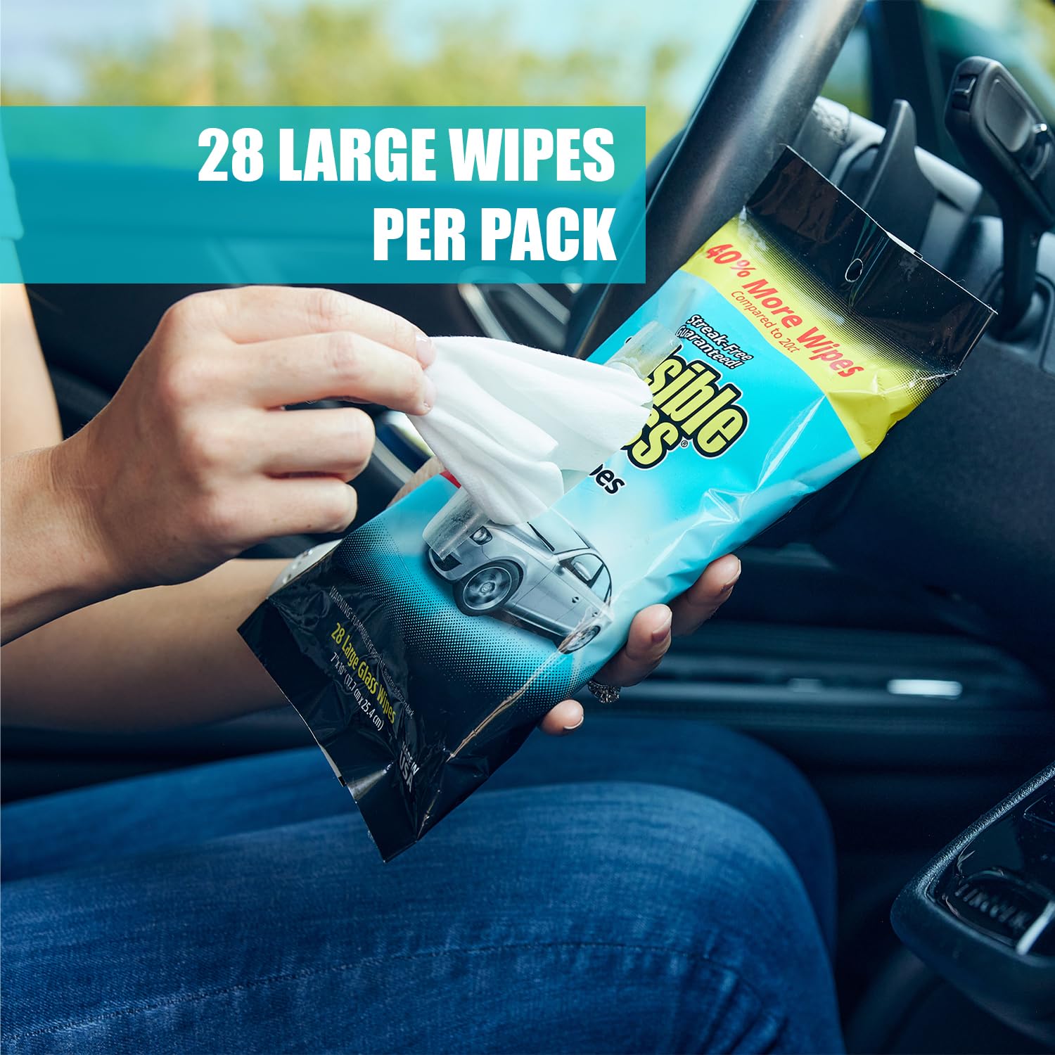 Large Glass Cleaning Wipes Invisible Glass 90161 for Streak-Free Windows, Mirrors, and Glass, Lint-Free, Ammonia-Free, Tint-Safe, for Home and Auto, Flat Pack, 28 Count