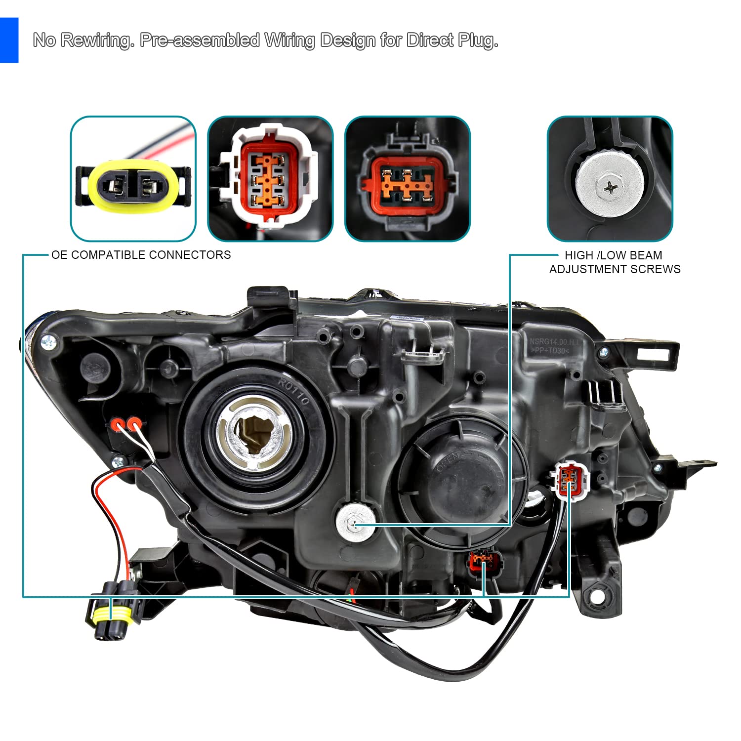 Left Driver Side SPEC-D TUNING Black Headlight w/LED Strip Compatible with 2014-2016 Nissan Rogue