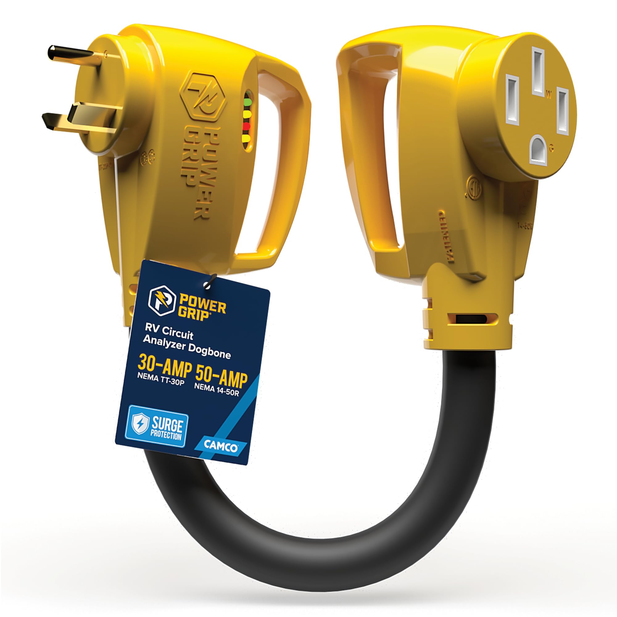 Camco Power Grip 30-Amp RV 18" Circuit Analyzer Dogbone - Features Integrated Surge Protection & Fault Indication, 18", 30-Amp Male to 50-Amp Female, 125V / 3750W (55460)