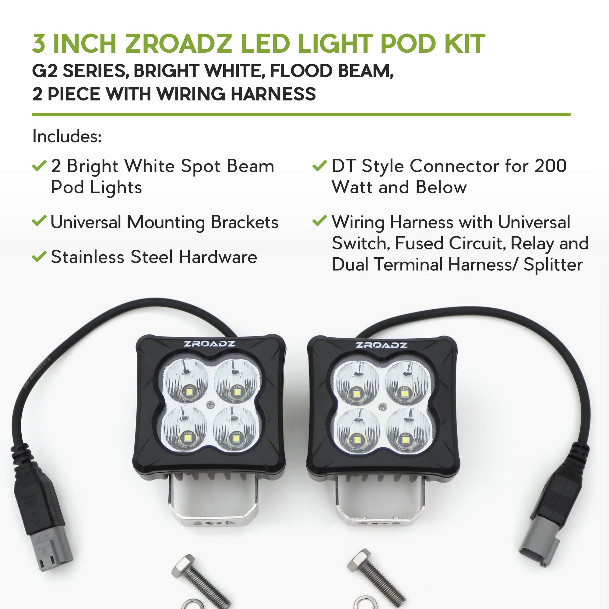 ZROADZ 3"Light Pod Kit, G2 Series, White, Flood 2 Piece w/Harness Z30BC20W-D3F-K