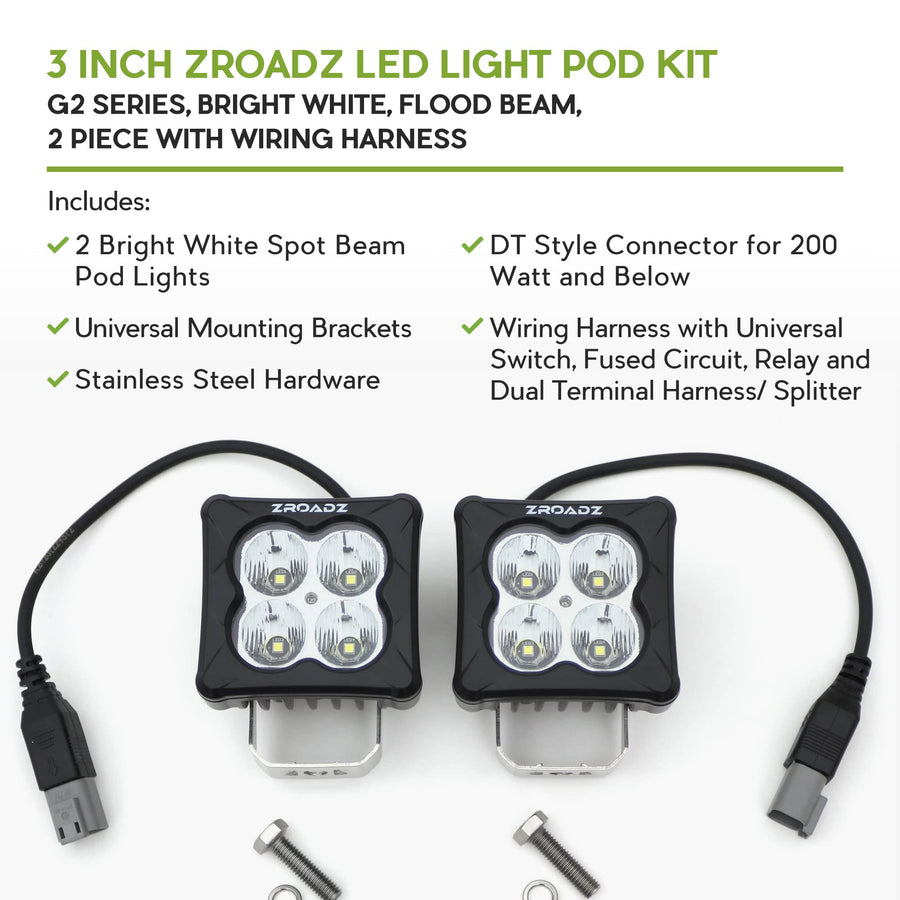 ZROADZ 3"Light Pod Kit, G2 Series, White, Flood 2 Piece w/Harness Z30BC20W-D3F-K