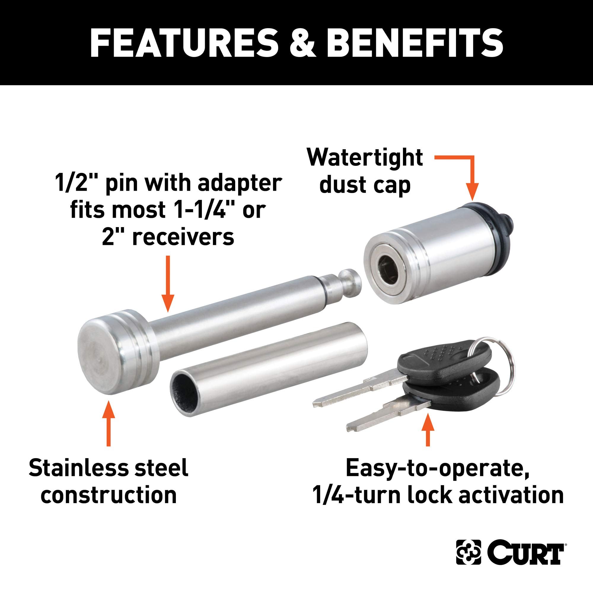 CURT Stainless Steel 23517 Trailer Hitch Lock, 1/2-Inch Pin Diameter, 5/8-Inch Adapter, Fits 1-1/4 or 2-Inch Receiver, Silver