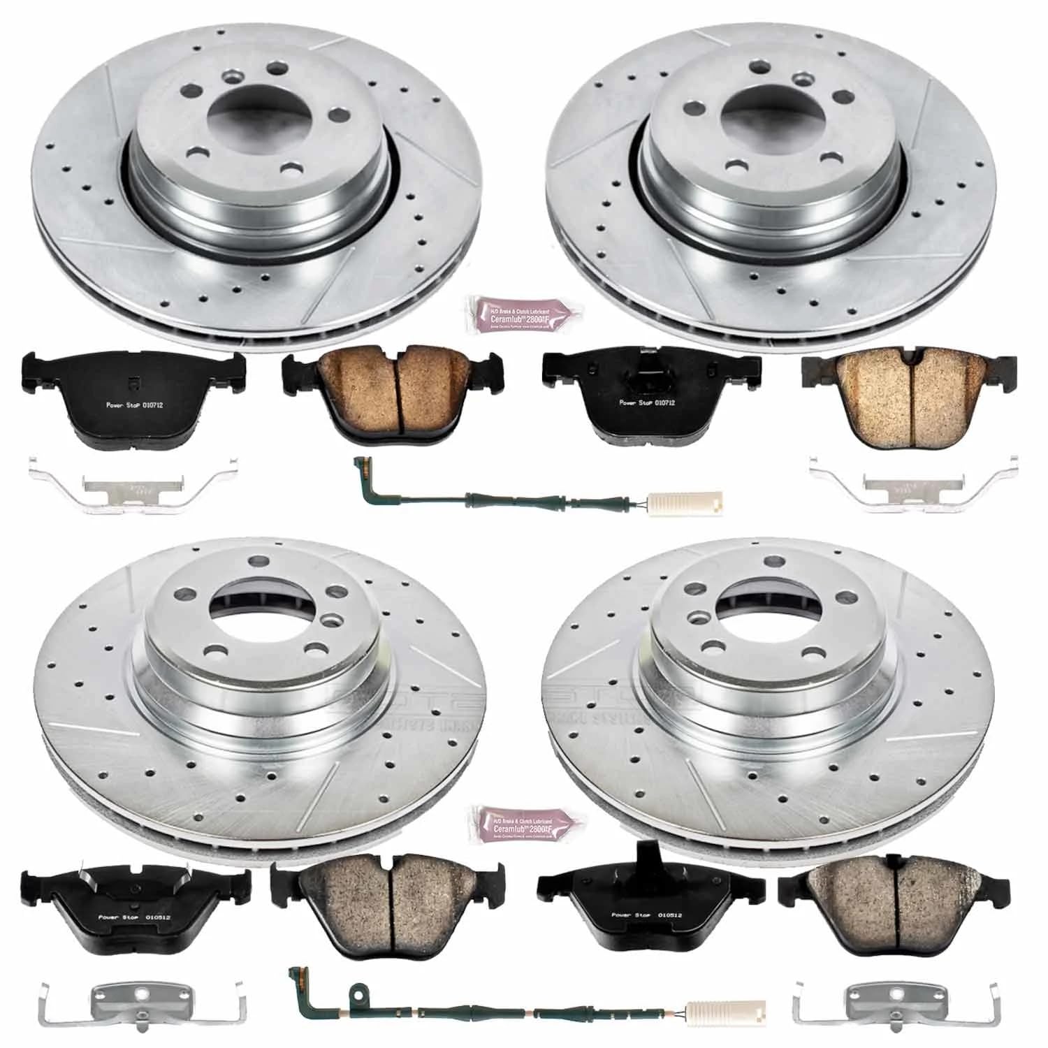 Power Stop K4479 Z23 Carbon Fiber Brake Pads Front and Rear with Drilled & Slotted Brake Rotors Kit and 1 Front & 1 Rear Sensor Wires For BMW 750Li, BMW 750i, BMW 760Li, BMW 760i [Model Specific]