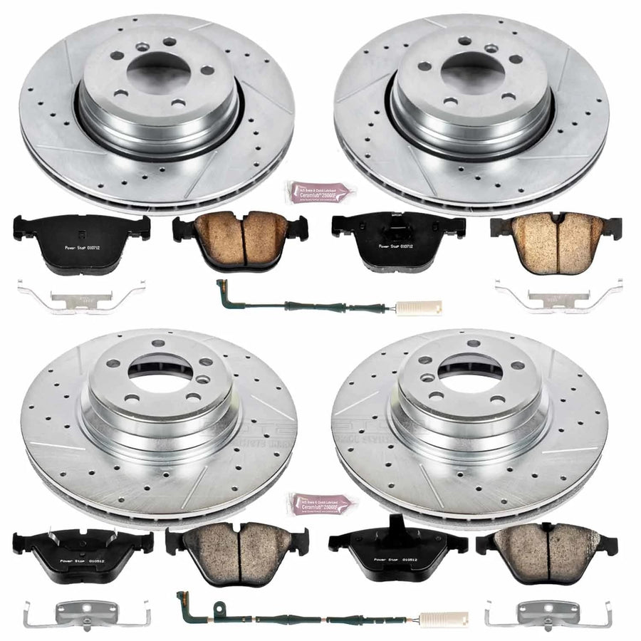 Power Stop K4479 Z23 Carbon Fiber Brake Pads Front and Rear with Drilled & Slotted Brake Rotors Kit and 1 Front & 1 Rear Sensor Wires For BMW 750Li, BMW 750i, BMW 760Li, BMW 760i [Model Specific]