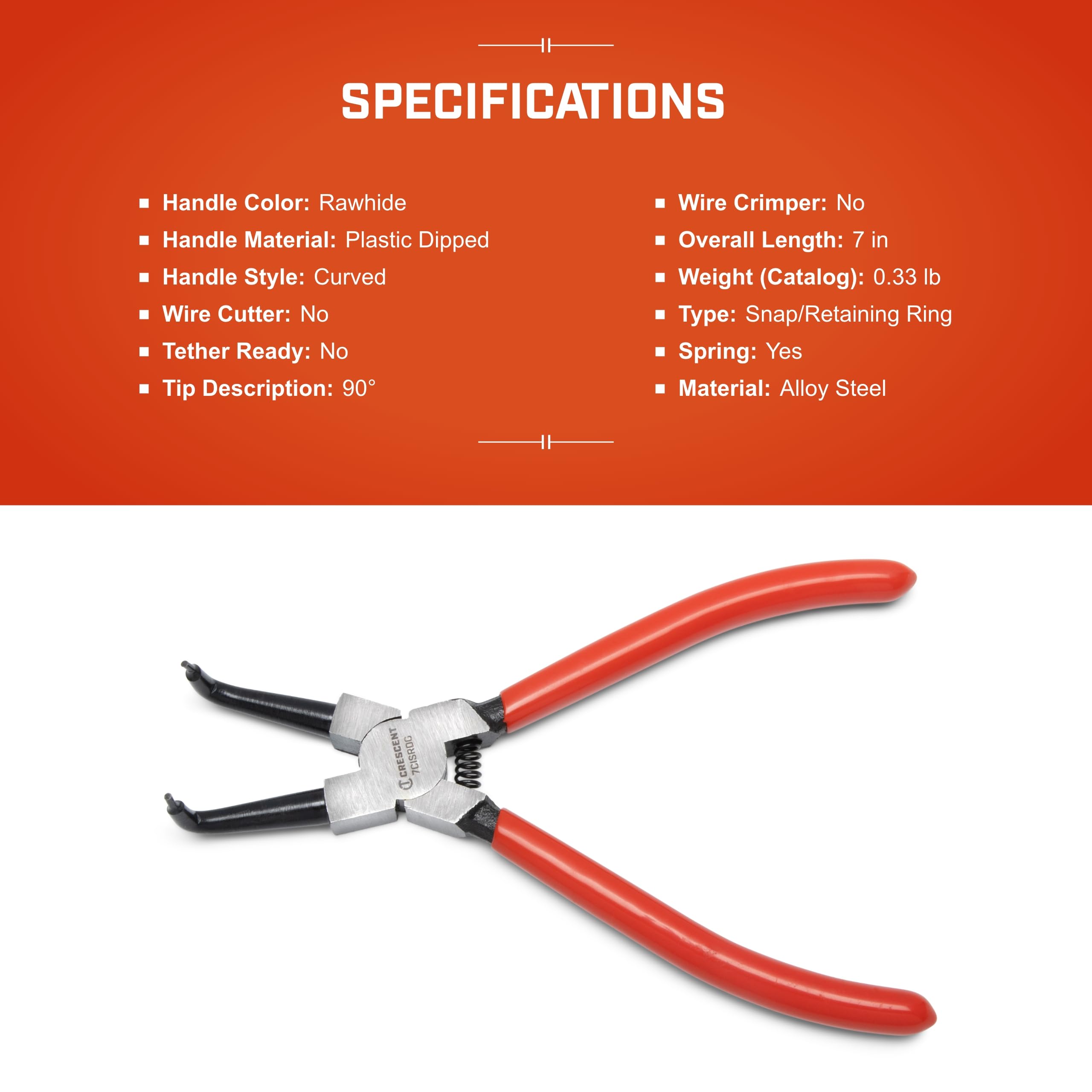 Crescent 90-Degrees Snap Ring Internal Pliers - Heavy Duty Mechanic Tool for Removal - Curved Tips - 7" - 7CISRDG