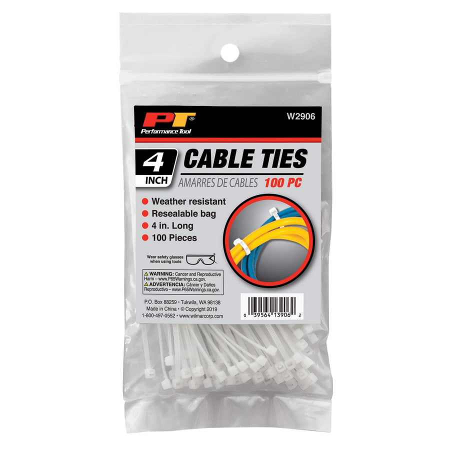 W2906 Performance Tool 100 Pc White Cable Ties - 4-Inch Length, Tensile Strength 18 Lbs, Resealable Bag