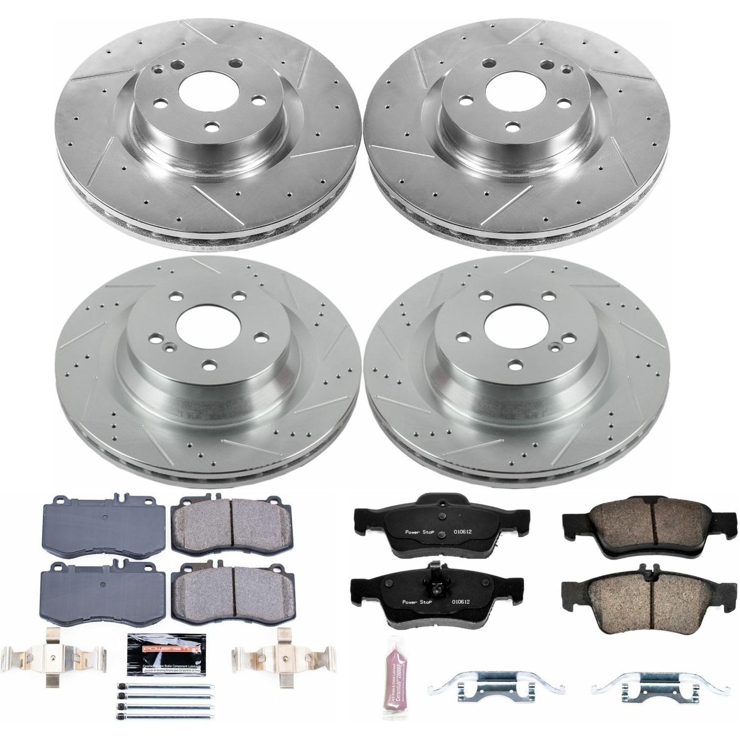 Power Stop K6834 Z23 Carbon Fiber Brake Pads Front and Rear with Drilled & Slotted Brake Rotors Kit and 1 Front & 1 Rear Sensor Wires For Mercedes-Benz E550 2010-2011 [Model Specific]