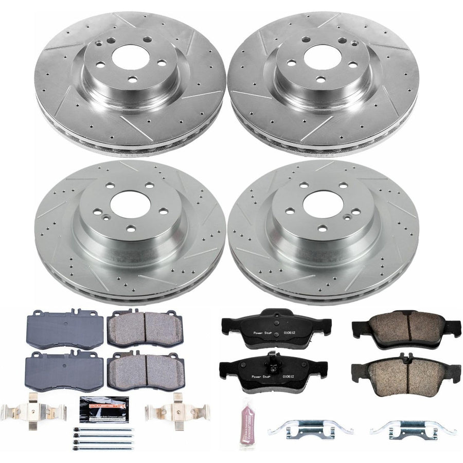 Power Stop K6834 Z23 Carbon Fiber Brake Pads Front and Rear with Drilled & Slotted Brake Rotors Kit and 1 Front & 1 Rear Sensor Wires For Mercedes-Benz E550 2010-2011 [Model Specific]