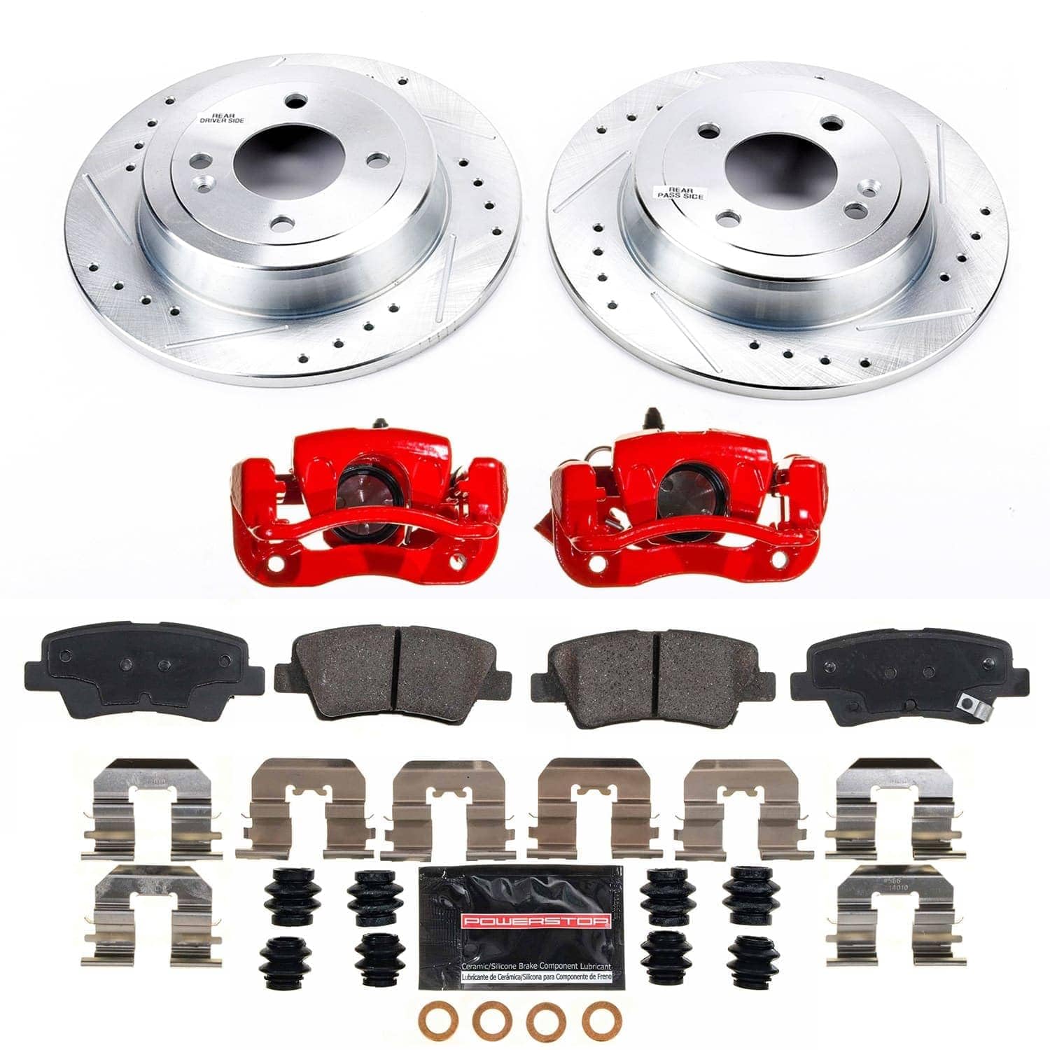 Rear Z23 Brake Pads and Rotors Brake Kit POWERSTOP with Red Powder Coated Calipers For Kia Rio 2012-2017 [Vehicle Specific]