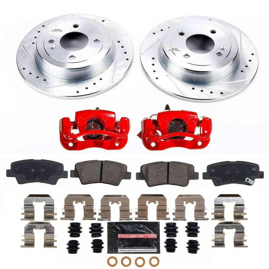 Rear Z23 Brake Pads and Rotors Brake Kit POWERSTOP with Red Powder Coated Calipers For Kia Rio 2012-2017 [Vehicle Specific]