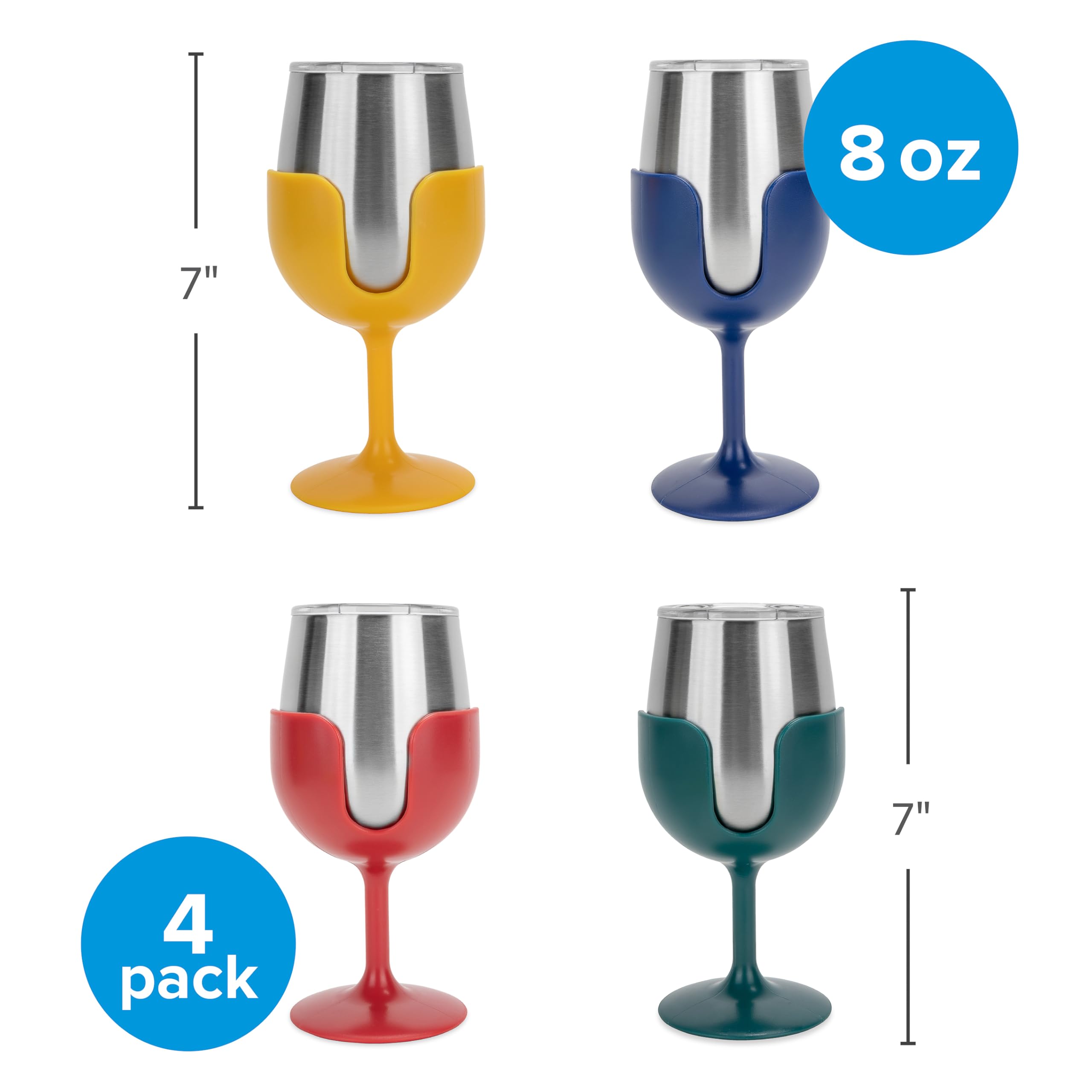 Camco Stainless Steel Wine Tumbler Life is Better at The Campsite 4-Pack - Features Heavy Duty Double Wall Vacuum Insulation & Removable Navy, Red, Green & Yellow Stems - Holds 8-oz Each (53465)