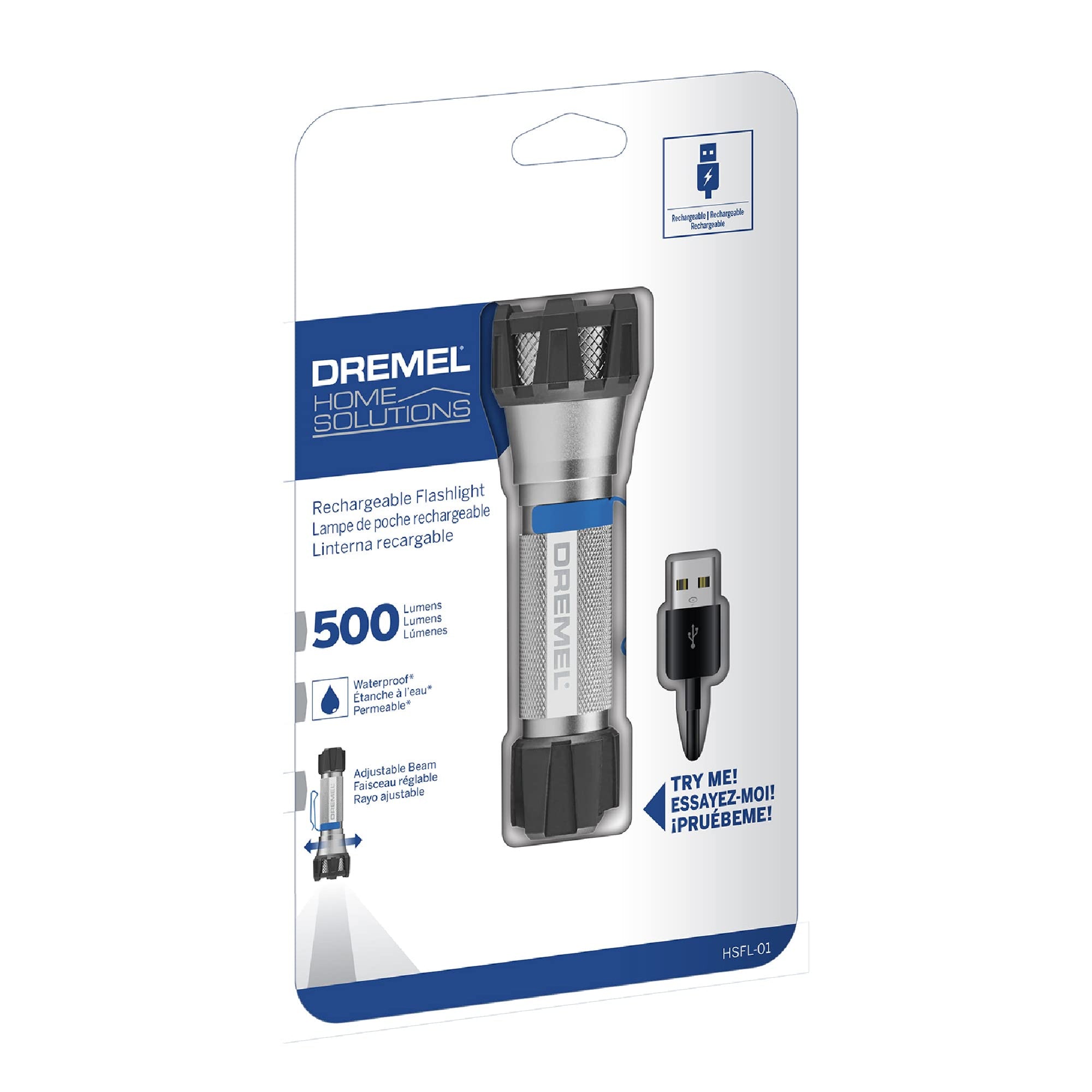 Dremel 4V HSFL-01 Cordless USB Rechargeable Flashlight with 500 Lumens and 3 Light Modes, Grey