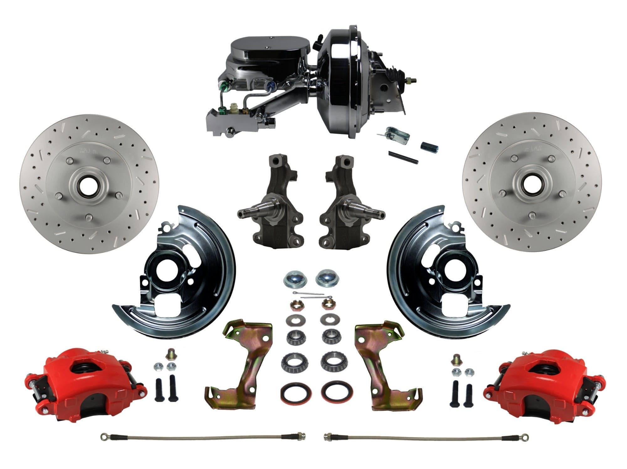 Power Front Disc Brake Kit LEED BRAKES 2" Drop Spindle Drilled And Slotted Rotors Red Powder Coated Calipers 9" Chrome Booster Disc/Disc