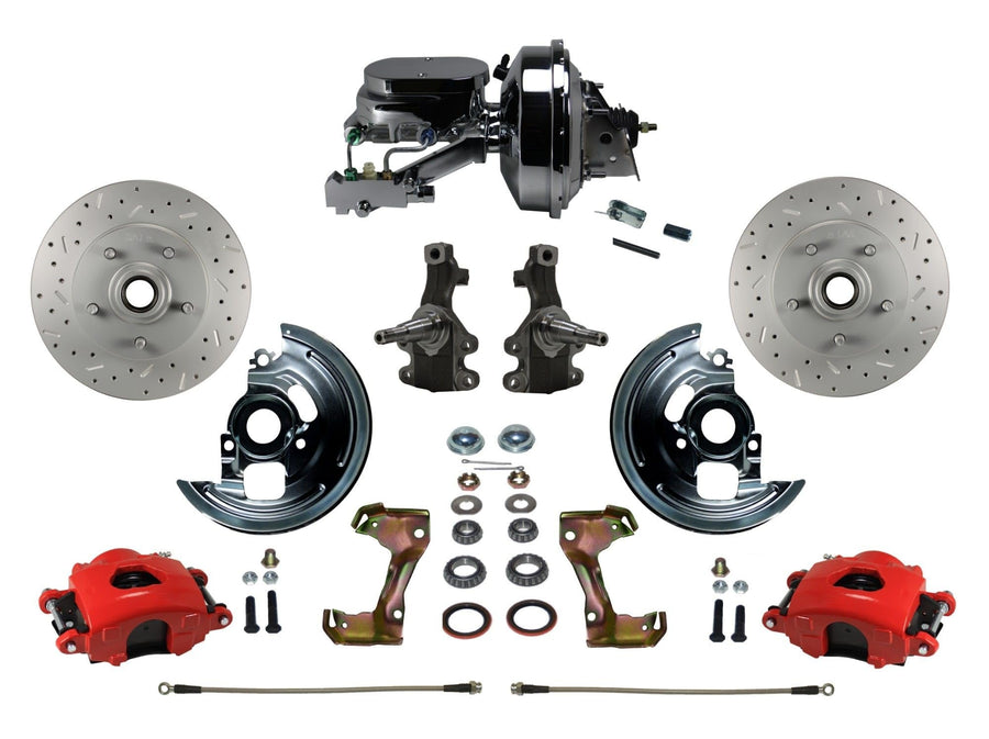Power Front Disc Brake Kit LEED BRAKES 2" Drop Spindle Drilled And Slotted Rotors Red Powder Coated Calipers 9" Chrome Booster Disc/Disc