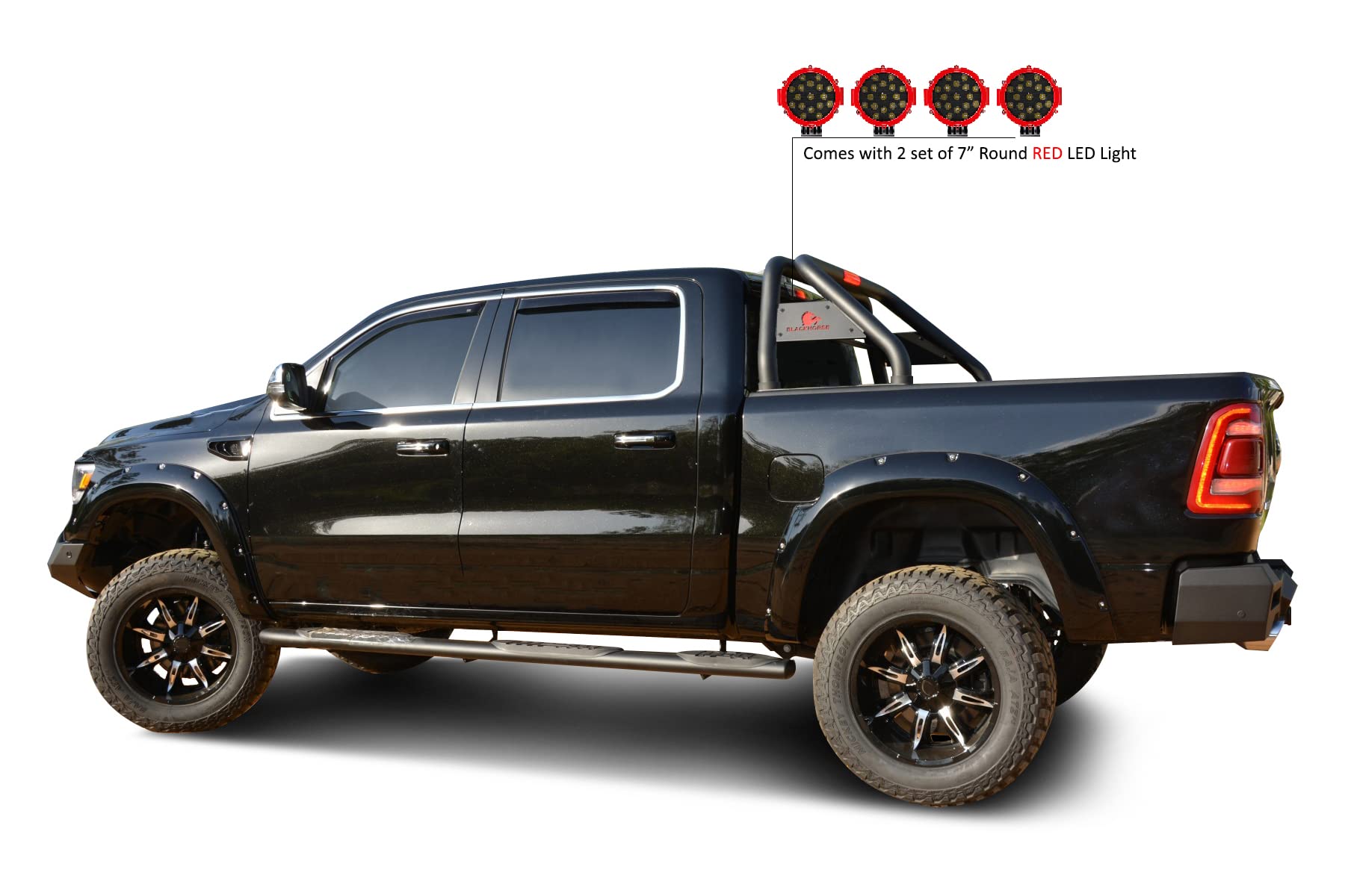 Classic Black Horse Roll Bar Incl. Pair of 7.0" Dia. Led Lights w/Red Trim Rings Compatible with 19-24 Ram 1500 Excludes Classic models-RB002BK-PLR