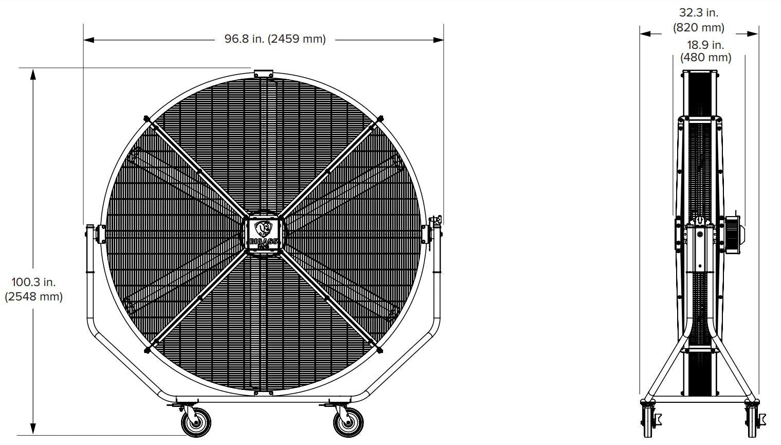 AirGo - Big Ass Fans, 8' Indoor/Outdoor Portable Fan with Wheels, Onboard Variable Speed Control, OSHA Compliant Steel Cage, IPX5 Rated, Washdown Capable, Safety Yellow