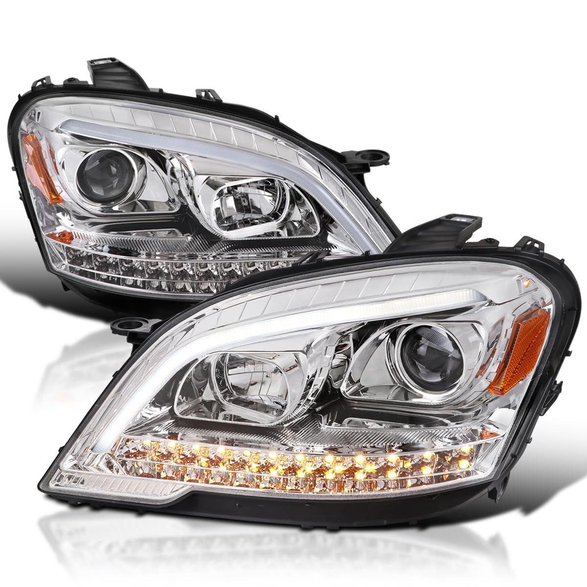 Chrome Projector Headlights SPEC-D TUNING with LED Sequential Turn Signals Compatible with 2009-2011 Mercedes Benz W164 ML320, Left + Right Pair Headlamp Assembly