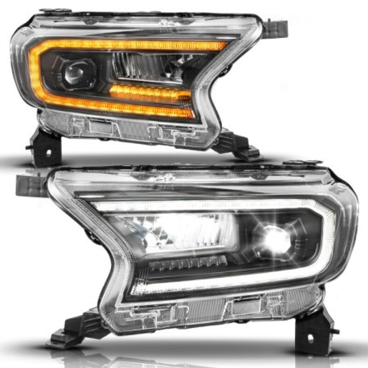 Full LED Proj Headlights ANZO 19-23 Ford Ranger (Factory Halogen Model) Init/DRL/SeqSig Black - Pair